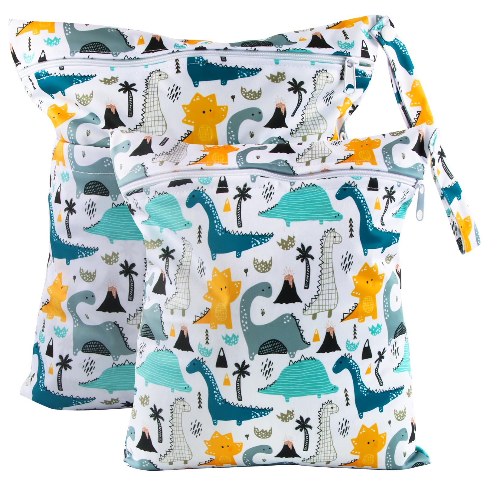 Darryy Kindergarten-Nasstasche 2er Set, Wasserdicht, Nassbeutel Kita, Windeltasche Nasstasche, Wetbag Stoffwindeln, Wiederverwendbar Dinosaurier