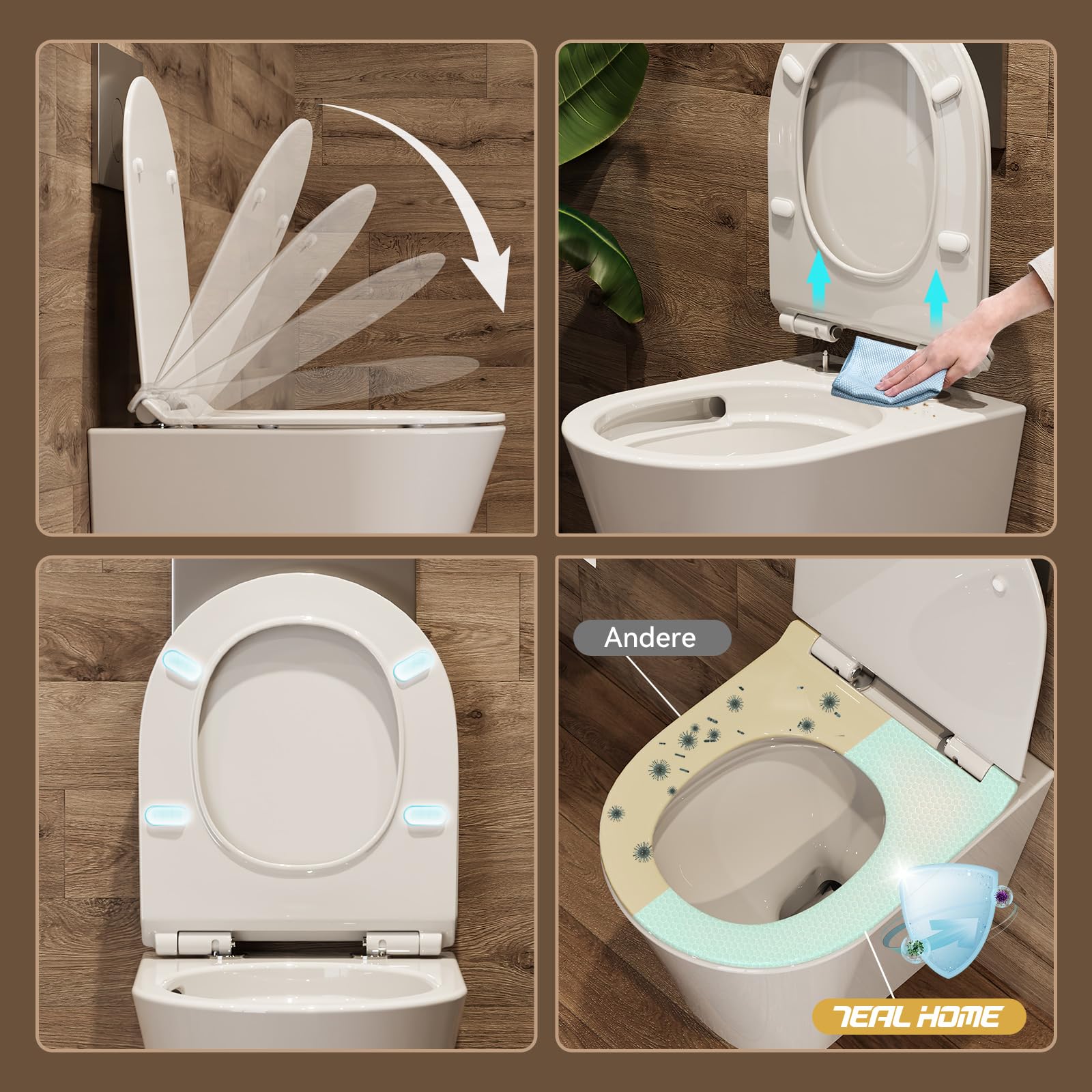 Teal Home WC sospeso da parete con coperchio per WC con abbassamento automatico – WC in ceramica con rivestimento nano – Balsamo singolo foro – 48,5 × 35,5 × 35,5 cm