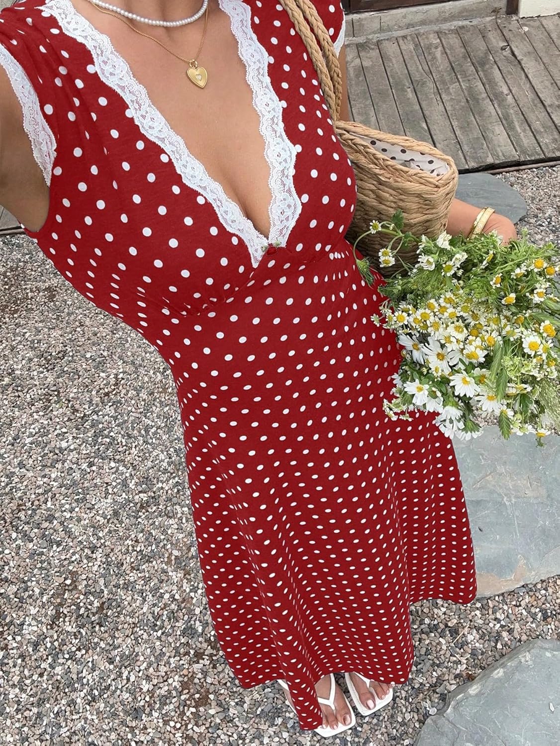Milumia Women's Polka Dots Lace Trim Deep V Neck Dress Short Sleeve Flared Long Dresses