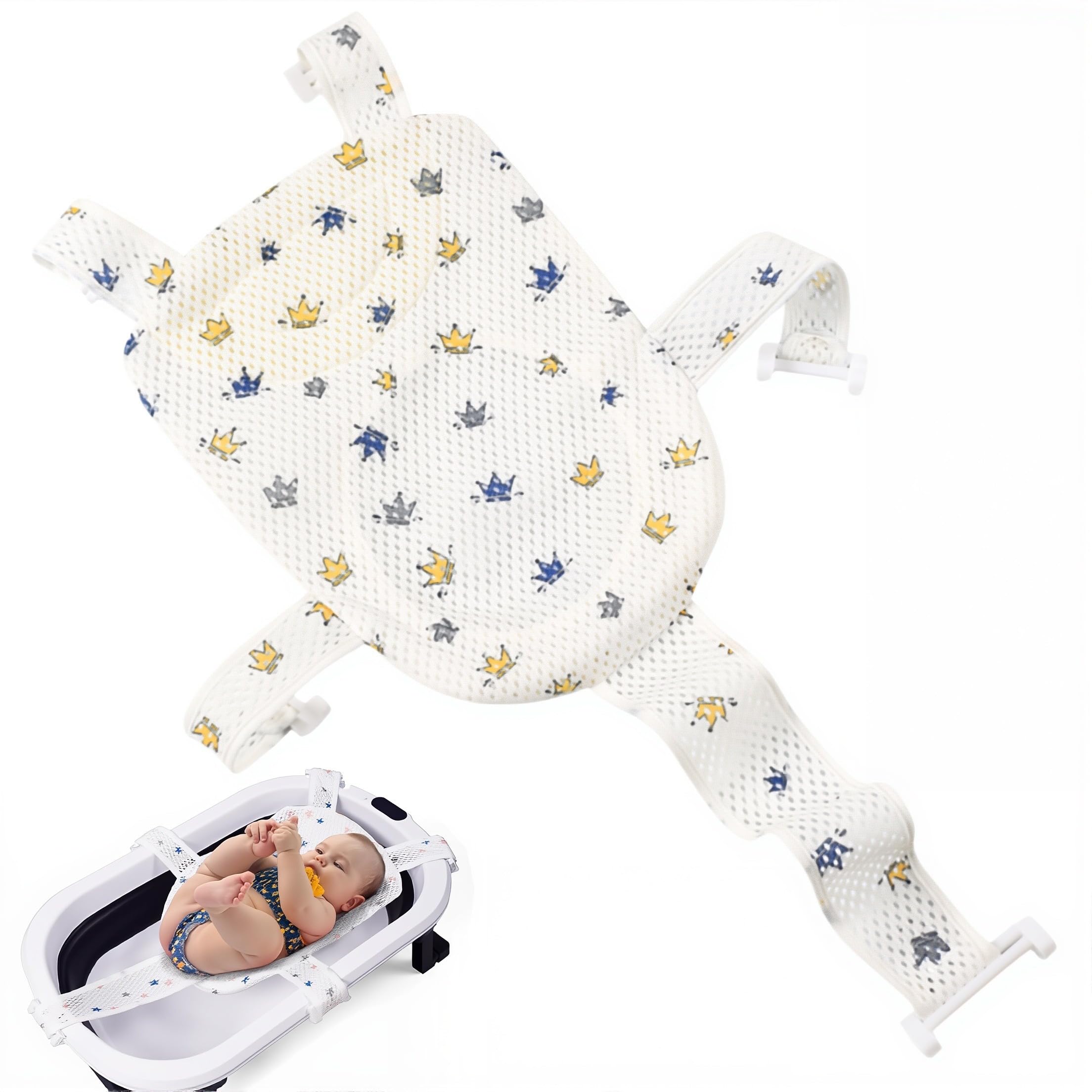 Cojín Baño Bebé 0-12 Meses Reductor Bañera Hamaca Ajustable 3 Puntos Soporte Ergonómico Cabeza Cuello Tejido Antibacterial Triple Capa Lavable Plegable Regalo Nuevos Padres Seguridad