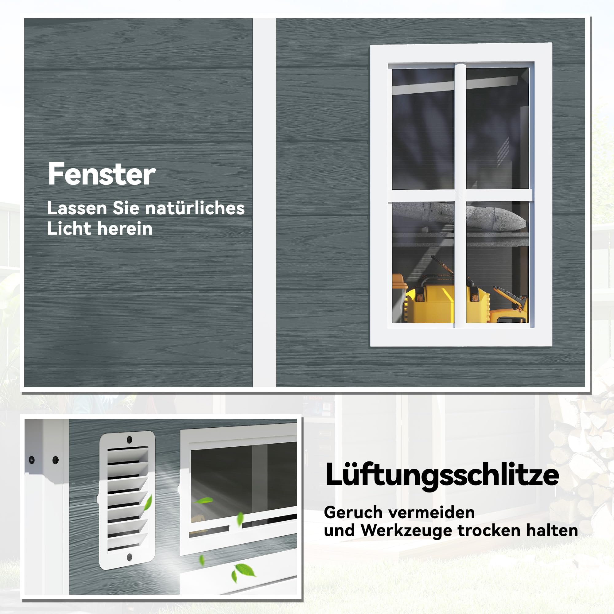 Outsunny Gerätehaus 2,89 m², Geräteschuppen mit Holzoptik 3 Fenster, 182 x 182 x 196 cm Kunststoff Gartenschuppen mit Doppeltür Belüftung Boden Schloss Handschuhe, Gartenhaus für Werkzeuge Fahrrad