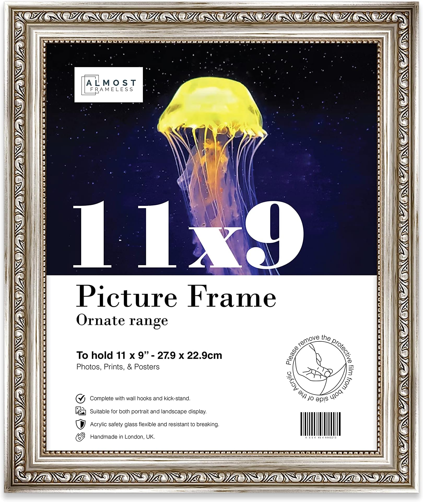 Almost Frameless 11x9 Silver Ornate Picture Frame 11"x9"(27.9x22.9cm) Poster, Photo, Artwork, or Print. Opulent Style Portrait and Landscape Display with Wall Hooks