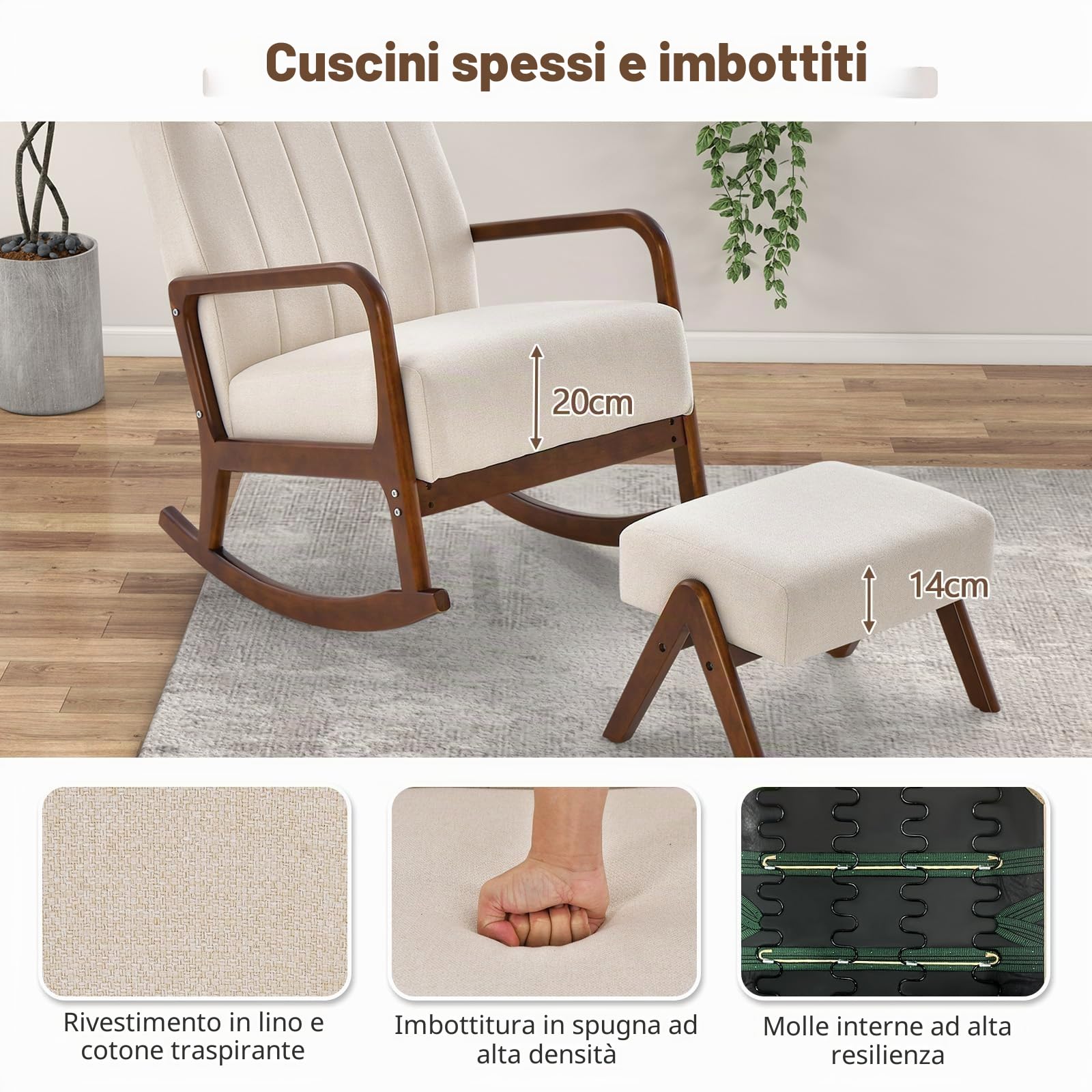 HOMASIS Sedia a Dondolo con Poggiapiedi, Set da Poltrona a Dondolo con Braccioli e Struttura in Legno Massello, Sedia Allattamento per Camera da Letto, Salotto, Fino a 150 kg, 97x65x104cm (Beige)