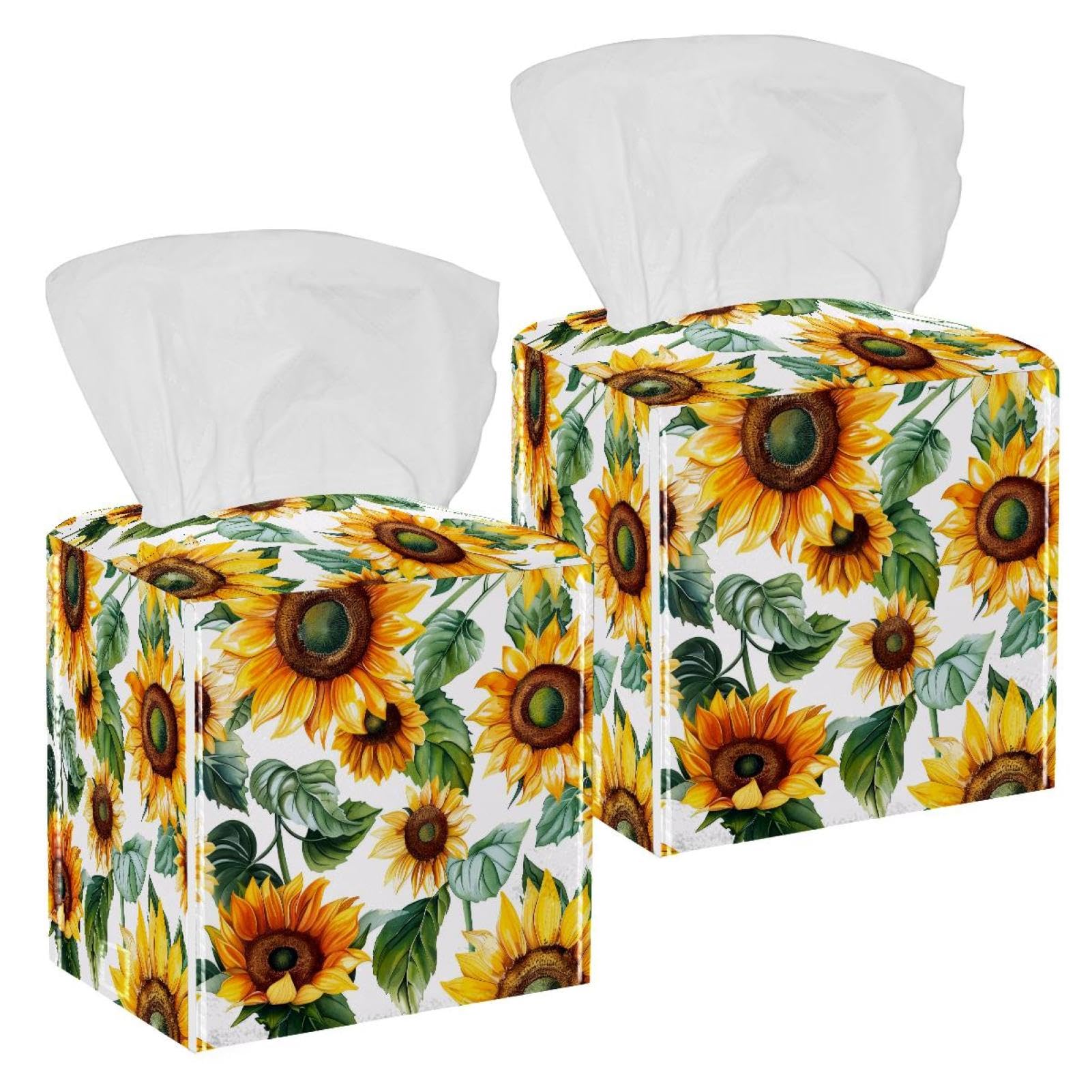 Sunflowers Tissue Box Cover, 2 Pack PU Leather Square Facial Tissue Dispenser Box holder for Home Office Car