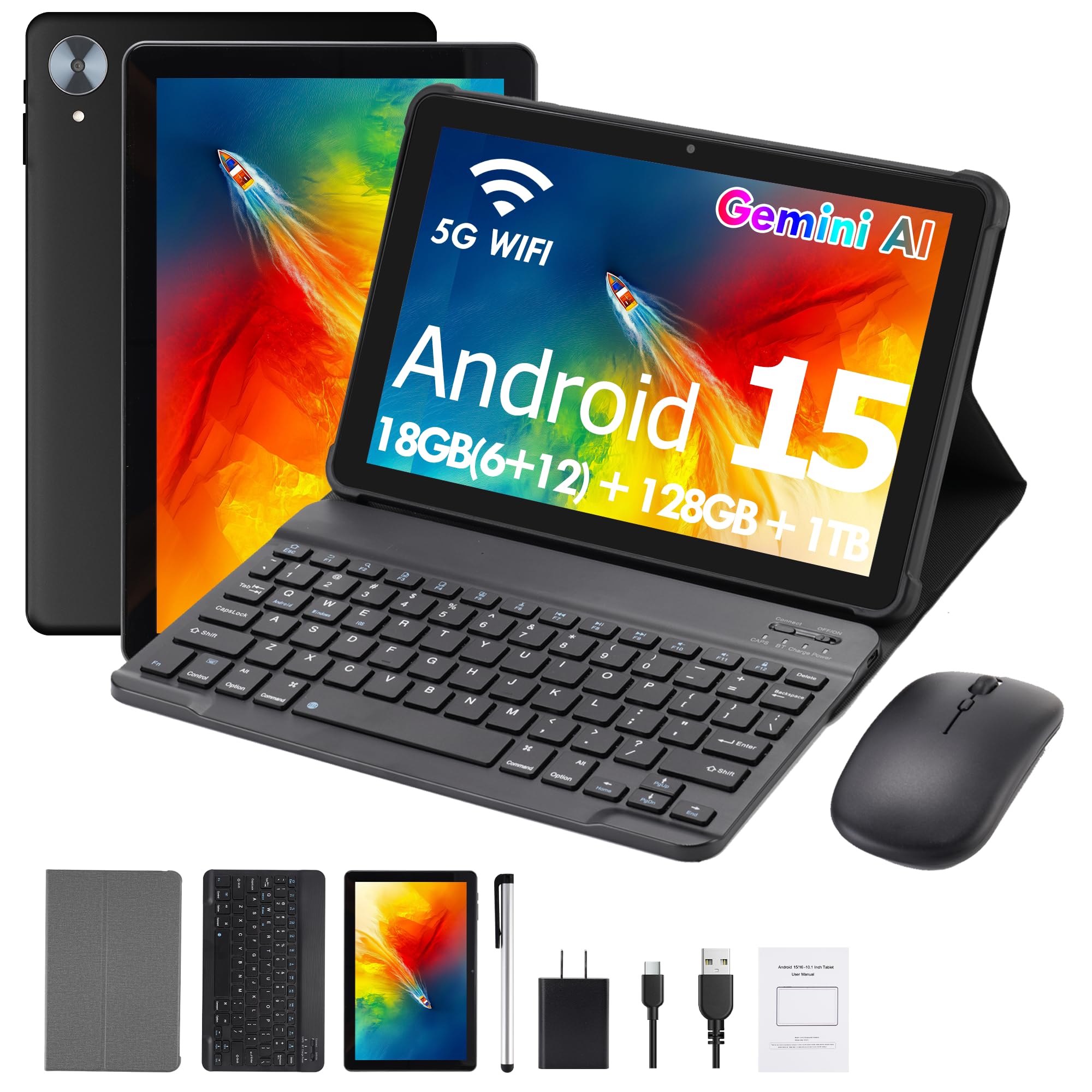 Android 15 Tablet, 10.1 Inch, 18GB RAM, 128GB, 1TB Expandable