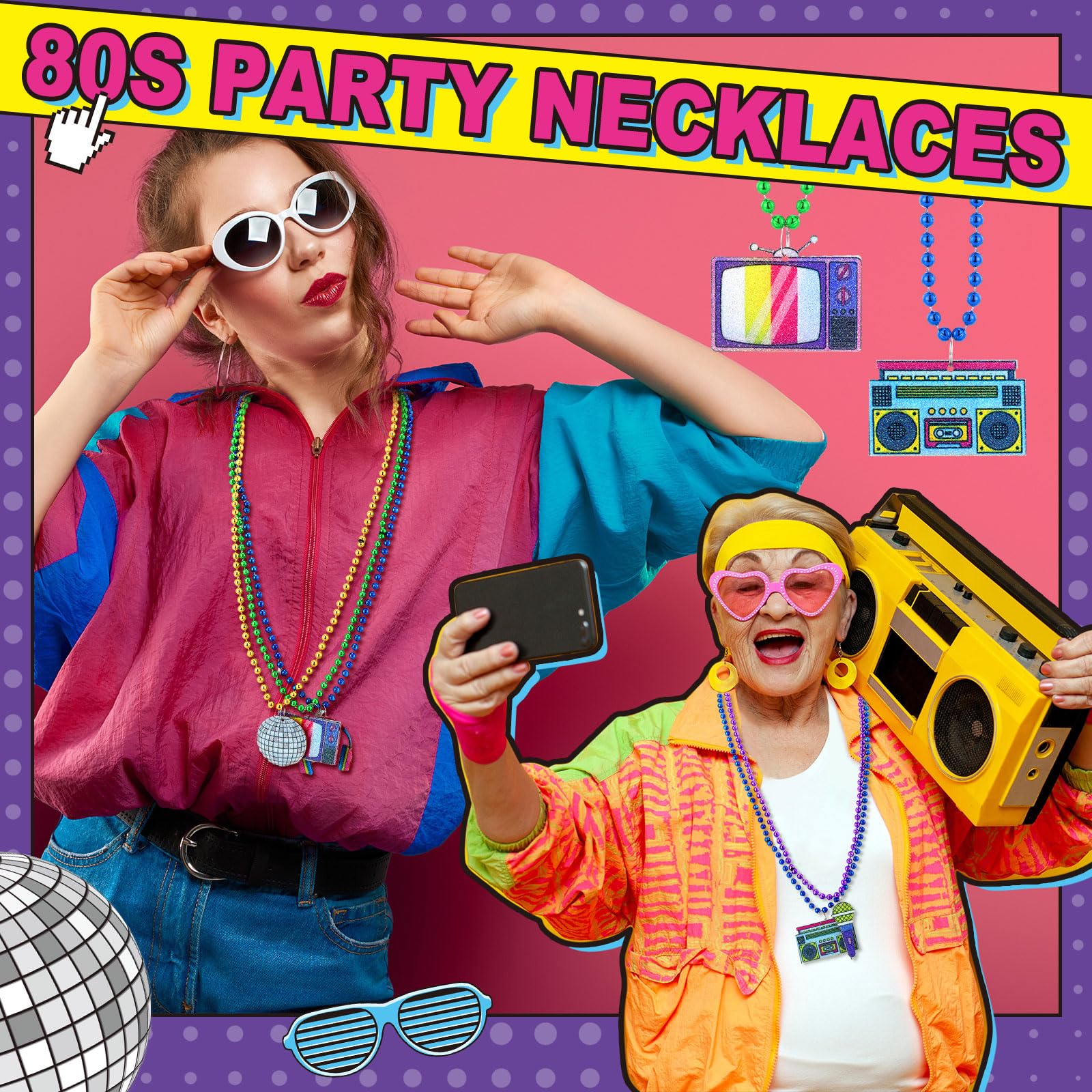Ecally 100 Stück 80er Jahre Party Halsketten Retro Neon Bunte Disco Sonnenbrille Radios Party Halskette für 80er Jahre Rock Disco Musik Thema Party Supplies