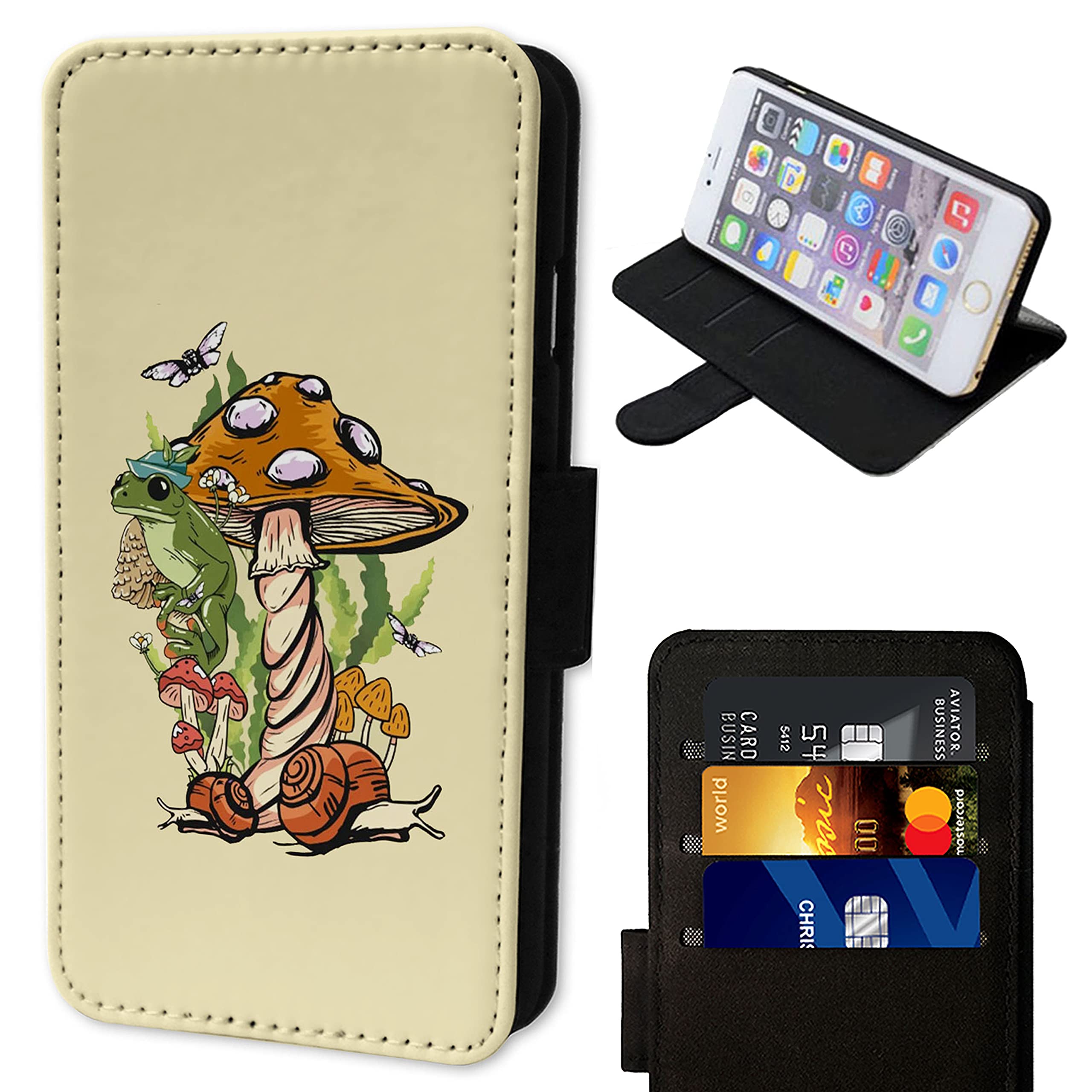 Wallet Phone Case Cover Compatible with iPhone SE 7 8 X XR 11 12 13 14 15 Plus Mini Pro Max Flip Magnetic Clasp Style Shockproof - Mushroom Frogs Snail Forest Woodlands Black