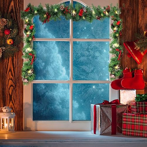 Miniatura 2 de MorTime Guirnalda de Navidad LED de 9 pies con piñas, lazos de bayas rojas, bolas de Navidad, guirnalda de Navidad multifunción con 50 luces LED