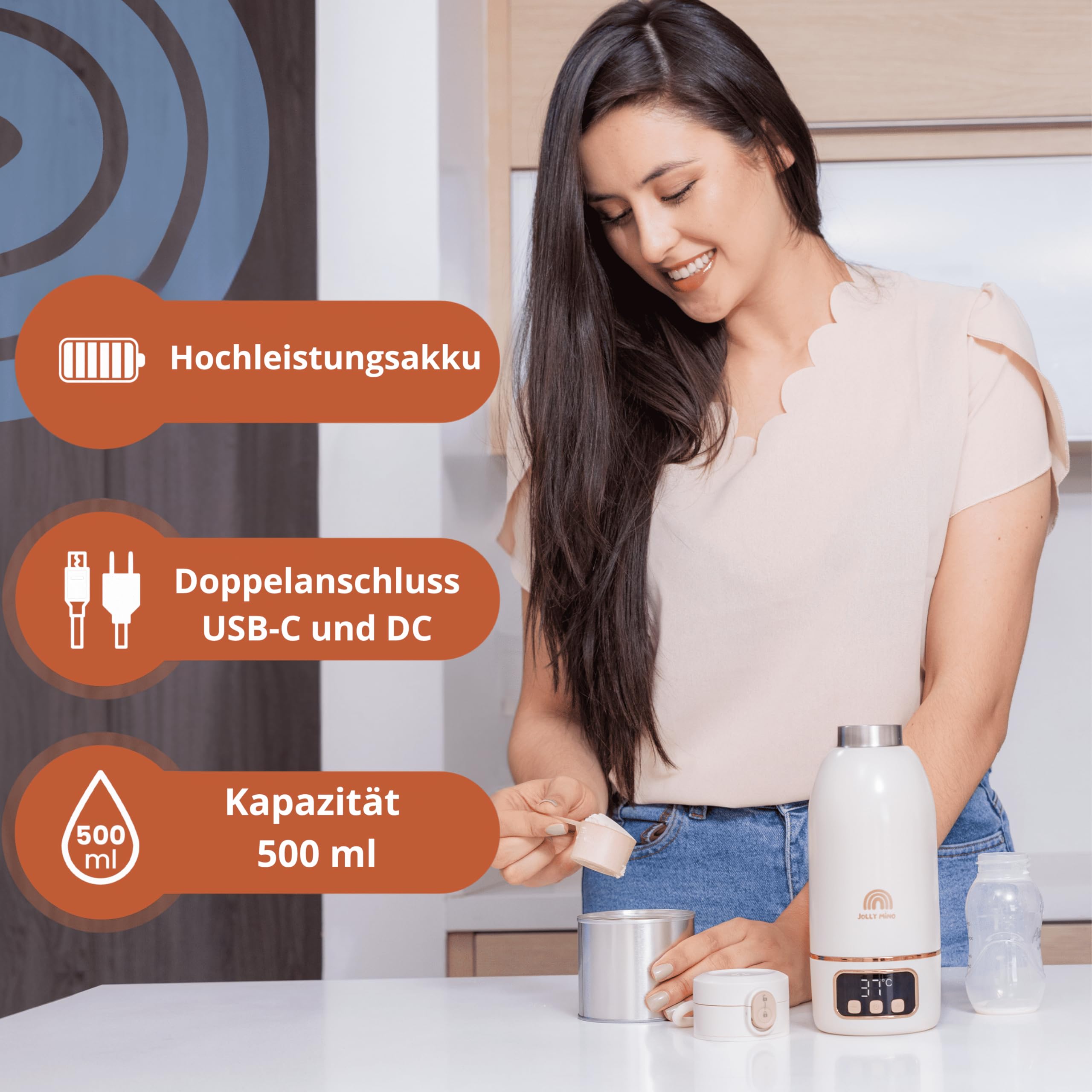 Tragbarer Flaschenwärmer Baby Unterwegs 500 ml – Drahtloser Mobiler Flaschenwärmer – Für Muttermilch & Wasser – Wasserdicht, Edelstahl – Ideal für Nacht, Ausflüge, Auto & Flugzeug