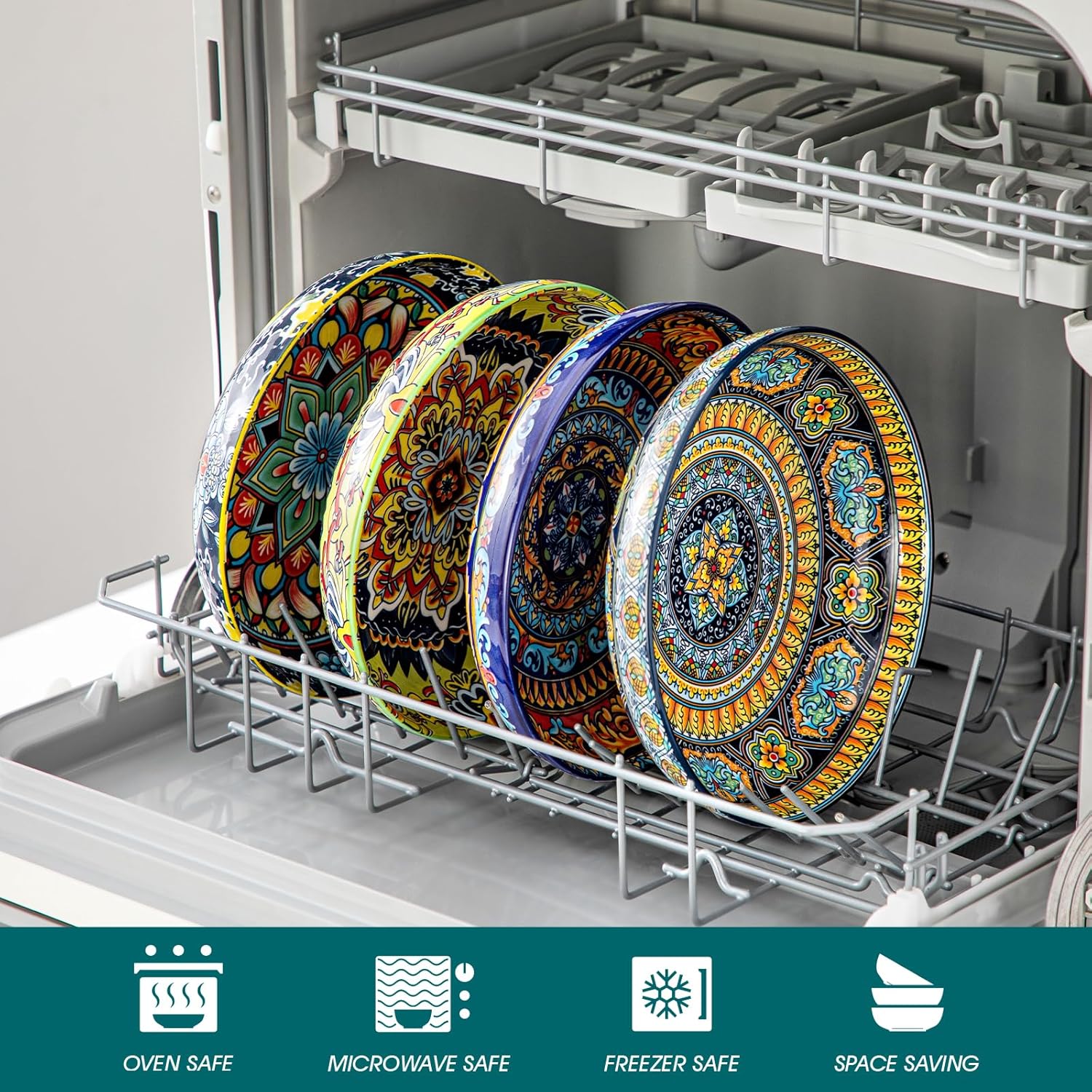 vancasso Pasta Bowls Set of 4, Ceramic Salad Serving Bowls, 42Oz Large Pasta Bowls, 8.7 in Colorful Bowl Plates for Soup, Bohemian Shallow Bowls for Kitchen, Microwave & Dishwasher Safe - Image 3