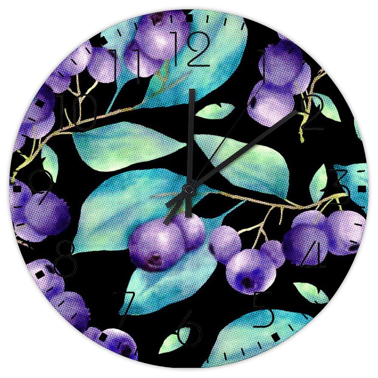 Horloge murale en bois de qualité, motif fruits de terrasse bleu et violet