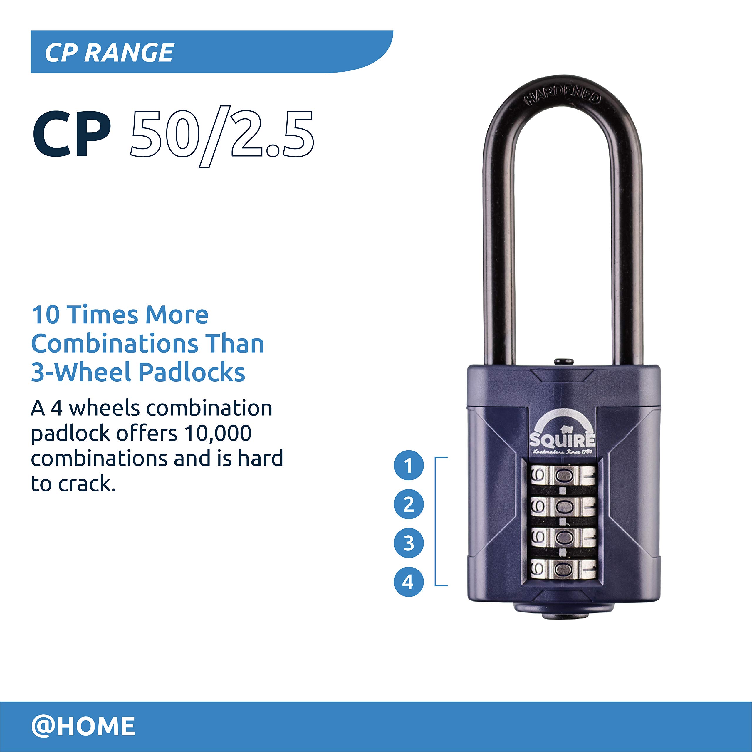 Squire Combination Padlock. Weatherproof Hardened Steel Shackle Recodable Padlock. (4 Wheel - 50mm Extra Long Shackle (2.5