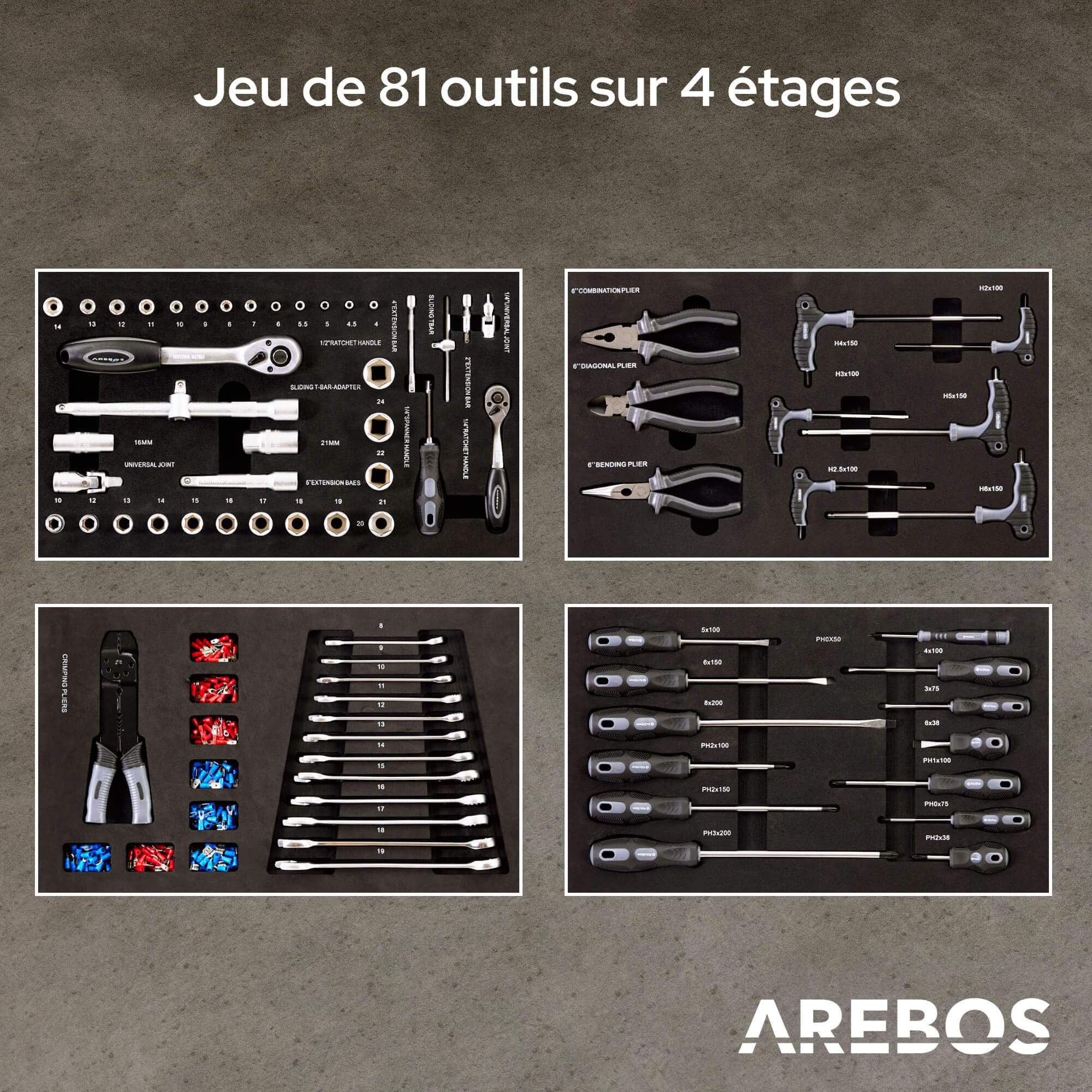 AREBOS Servante d'atelier 4 Compartiments | avec 81 pièces d'outils | Chariot à Outils | équipé | Tapis antidérapants | Interlock | 2 roulettes avec Frein de stationnement | Rouge