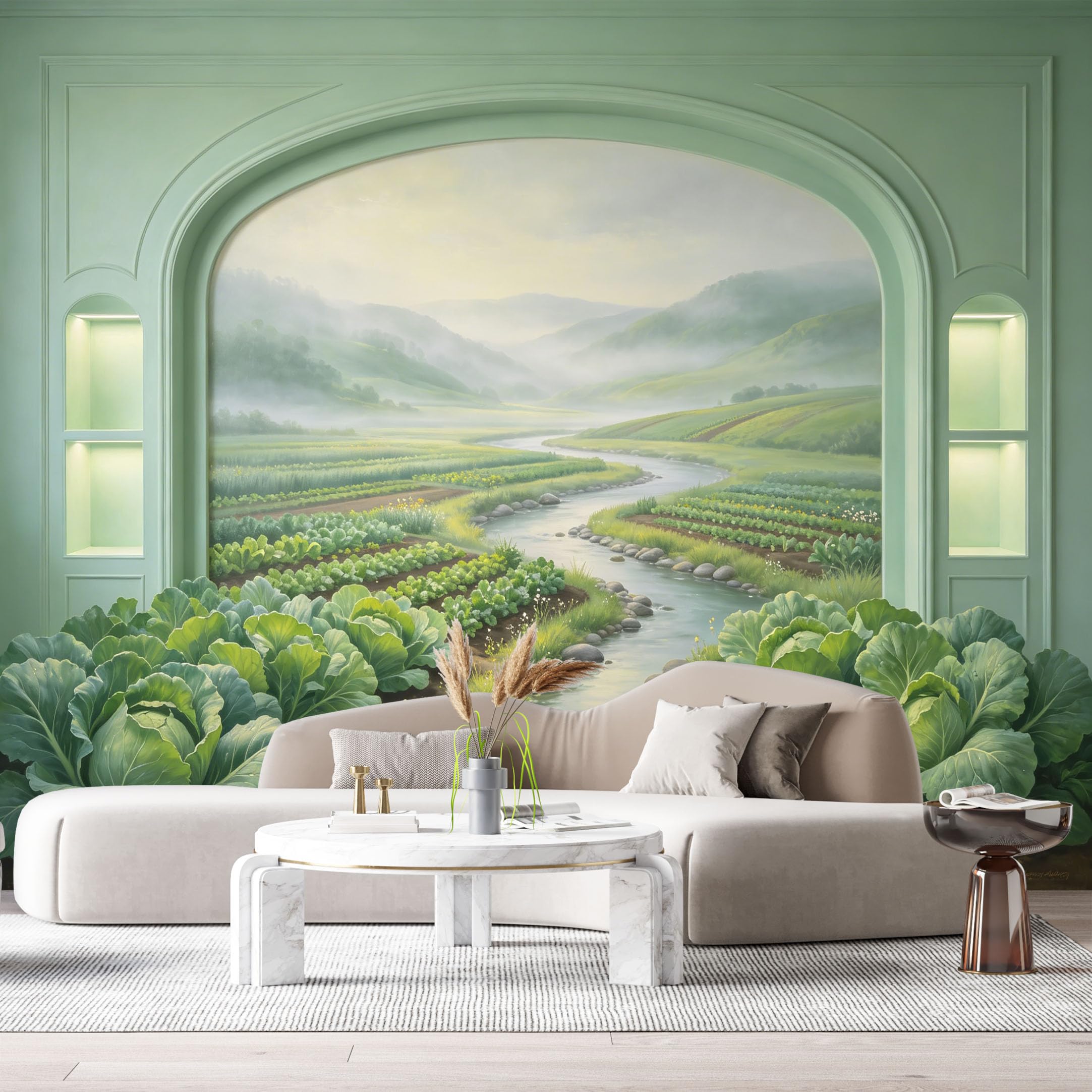 Custom Size Wall Murals Mist Valley River Vegetable Field Landscape 3D Trompe L'Oeil SelfAdhesiveWall Fabric Removable Wallpaper Wall Decor for Living Room Bedroom Bathroom