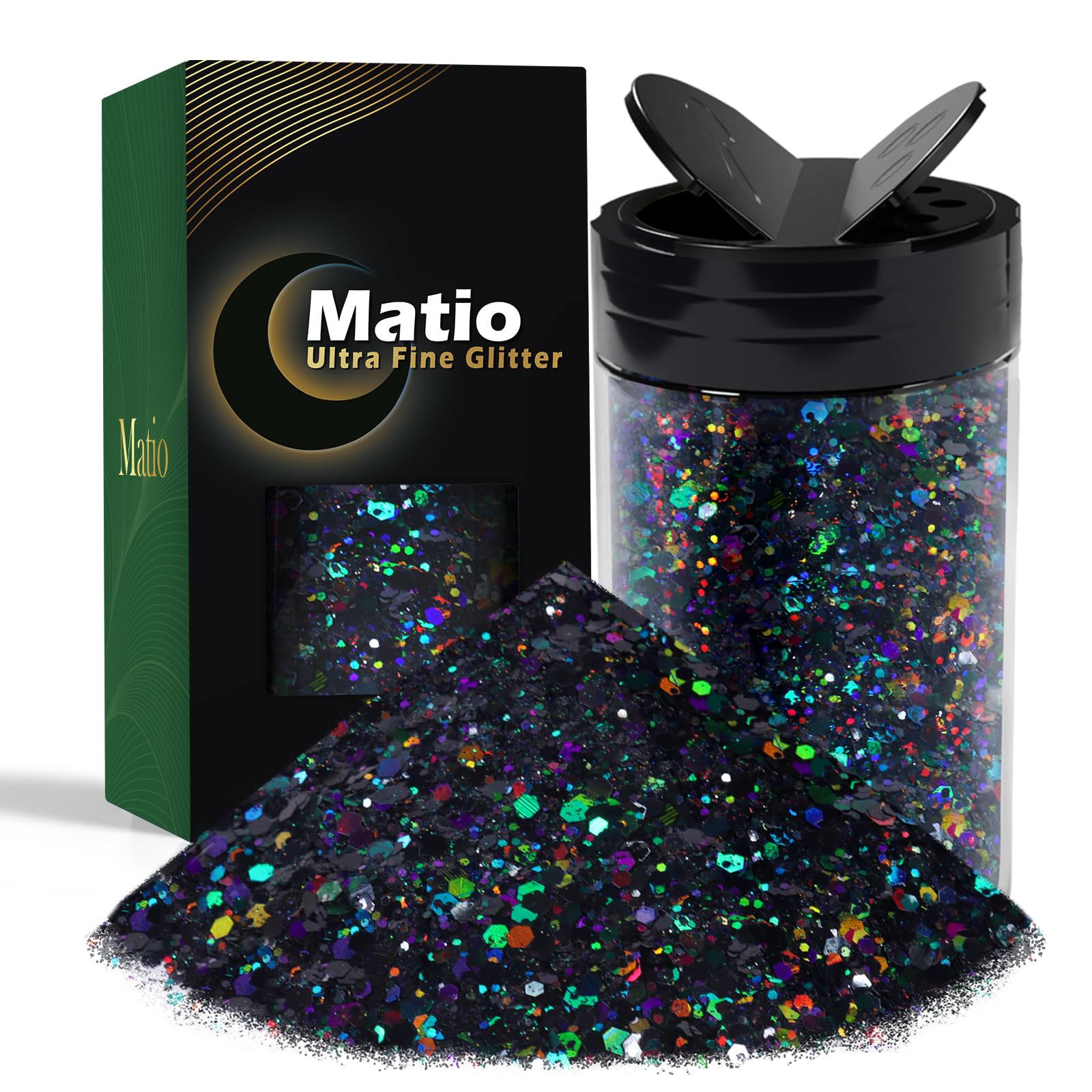 Matio Holographic Chunky Glitter, 7.8oz/220g Black Craft Glitter for Resin Chunky Nail Flake Sequin Mixed Fine Glitter Powder Bulk Black Glitter for