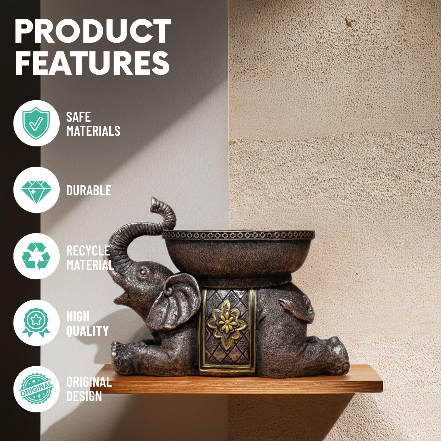 Quterhero Elephant Decor Resin Sculpture with Tray – Antique Style Animal Figurine for Home, Office, Bookshelf, TV Stand – Unique Gift for Women, Moms, Friends(Copper Elephant Tray)