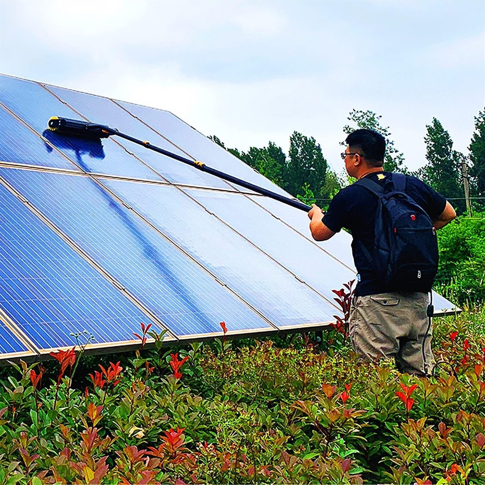Cepillo telescópico con Suministro de Agua - Pértiga eléctrica para Limpieza de Ventanas | Limpiador Extensible a batería para techos de invernaderos, Paneles fotovoltaic