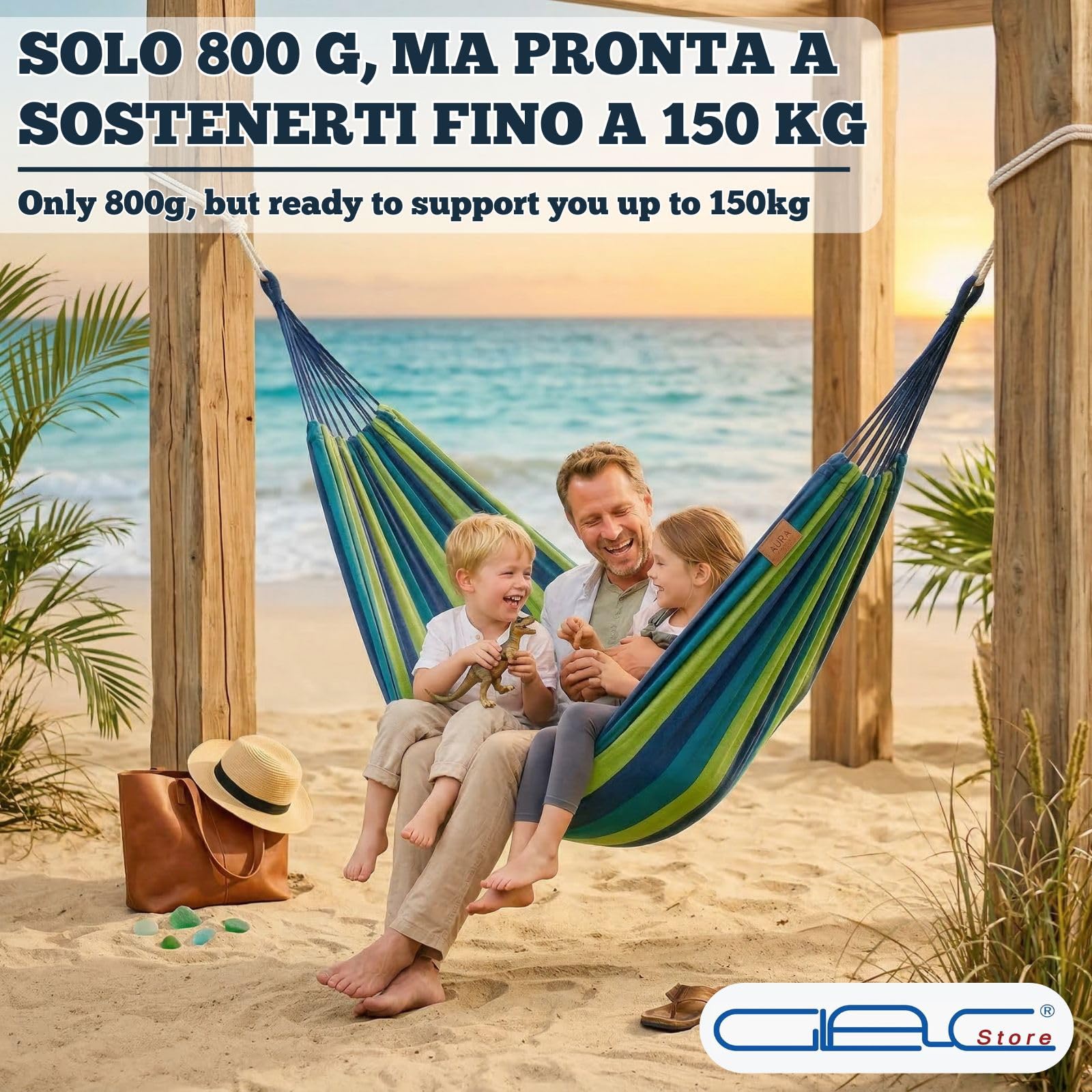 Amaca in Poliestere, 200 x 100 cm, Portata 150 kg, Leggera 800 g, con Corde, per Giardino, Campeggio, Spiaggia (Blu)