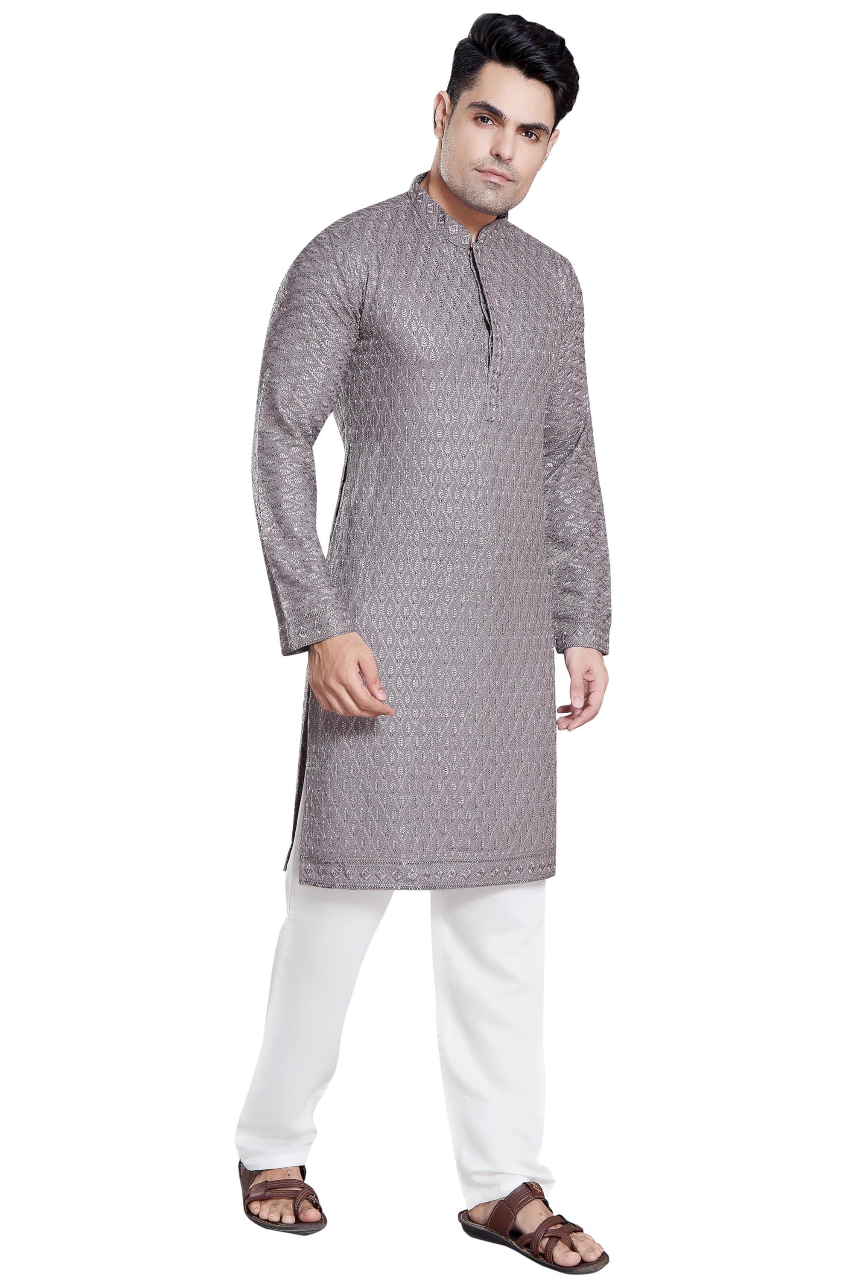 Divisive Men's Sequince Embroidered Cotton Blend Only Slim Fit Kurta (Dkrt114_L_Grey)