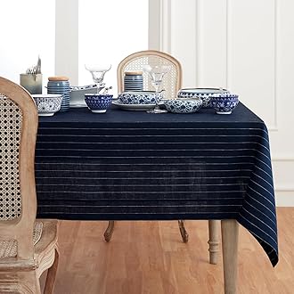 Solino Home Linen Tablecloth 52 x 52 Inch - Pinstripe, 100% Pure Linen Navy and White Square Tablecloth - Machine Washable Table Throw for 4th of July, Summer