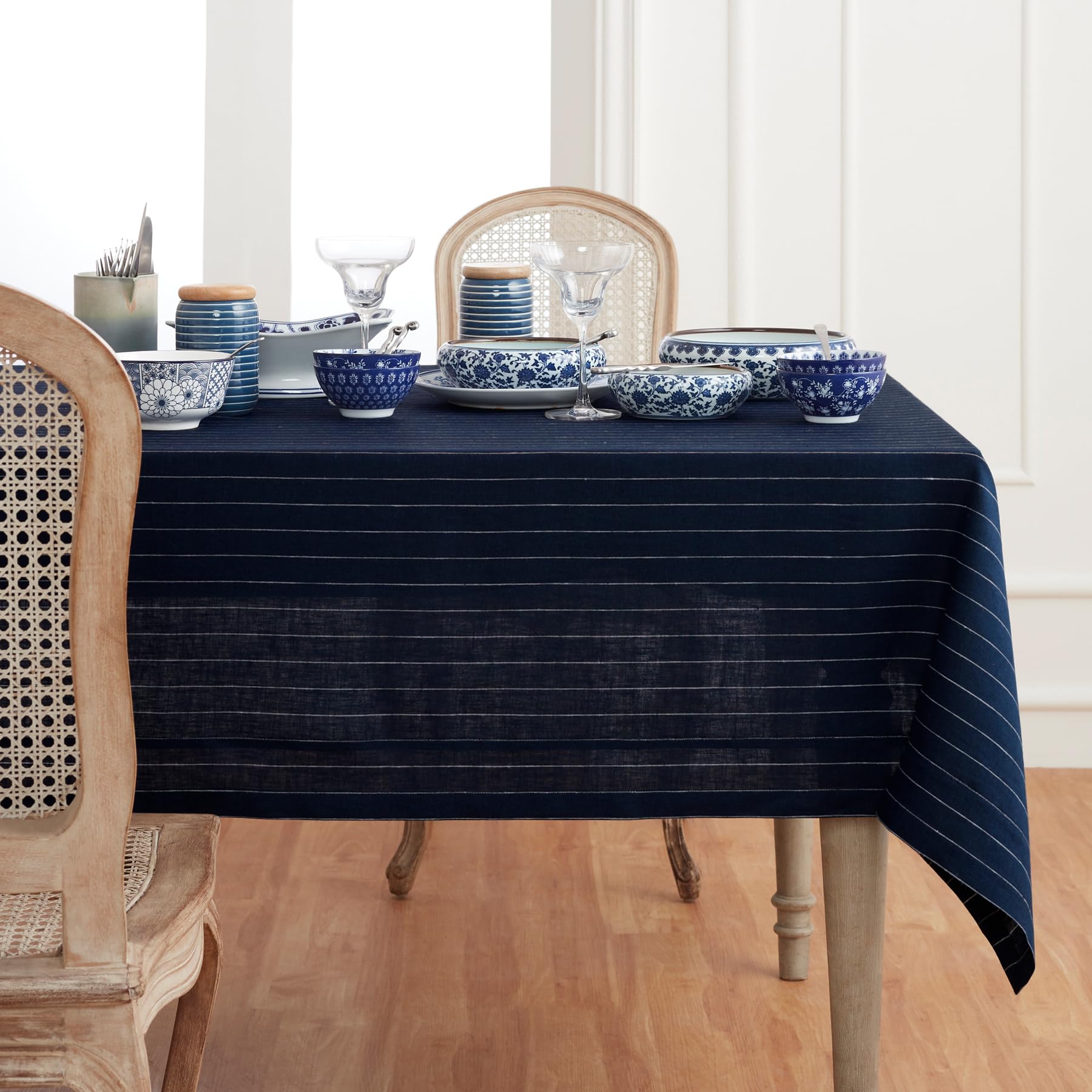 Solino Home Linen Tablecloth 52 x 52 Inch - Pinstripe, 100% Pure Linen Navy and White Square Tablecloth - Machine Washable Table Throw for 4th of July, Summer