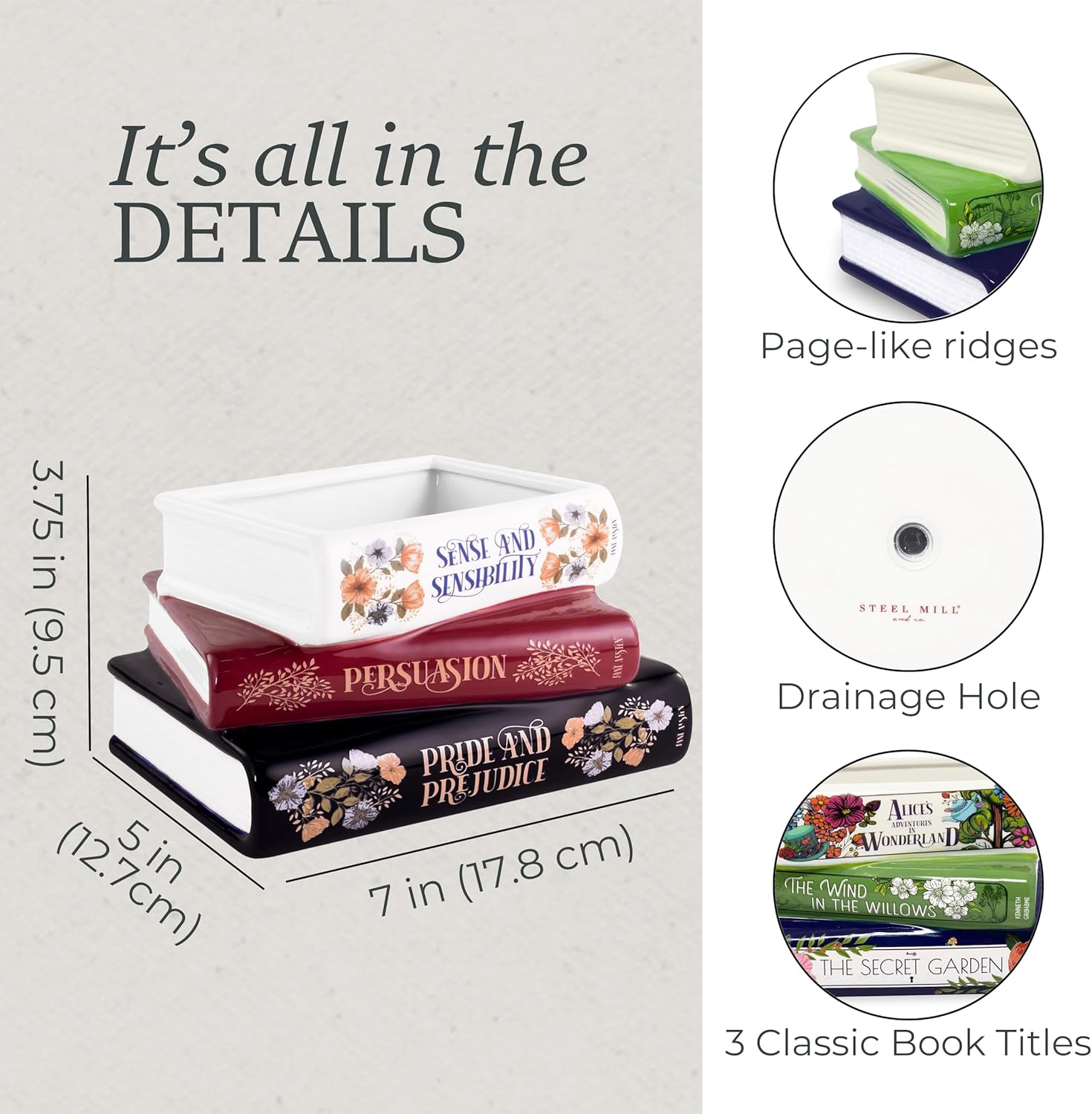 Steel Mill & Co Original Small Book-Shaped Decorative Planter, Ceramic Planter for Home Decor, Cute Bookshelf Decor, Unique Planter for Book Lovers, Classic Titles, Jane Austen