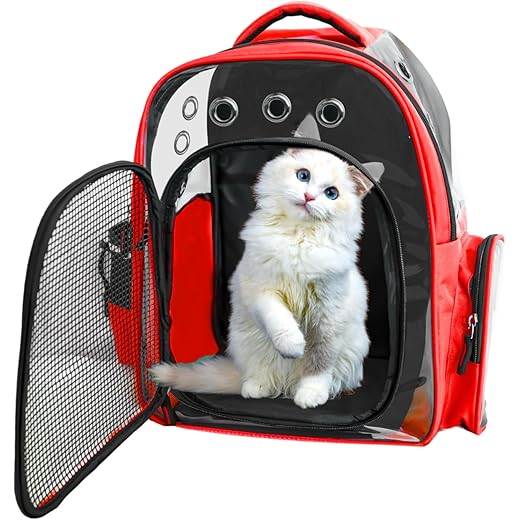 Buraq Breathable Design Pet Carrier Backpack for Hot Weather Travel, Hiking, Ventilated, Touring, Airline-Approved, Sturdy Base cat Bag for Cats Kitten Puppy (Red, Transpicuous See-Through)