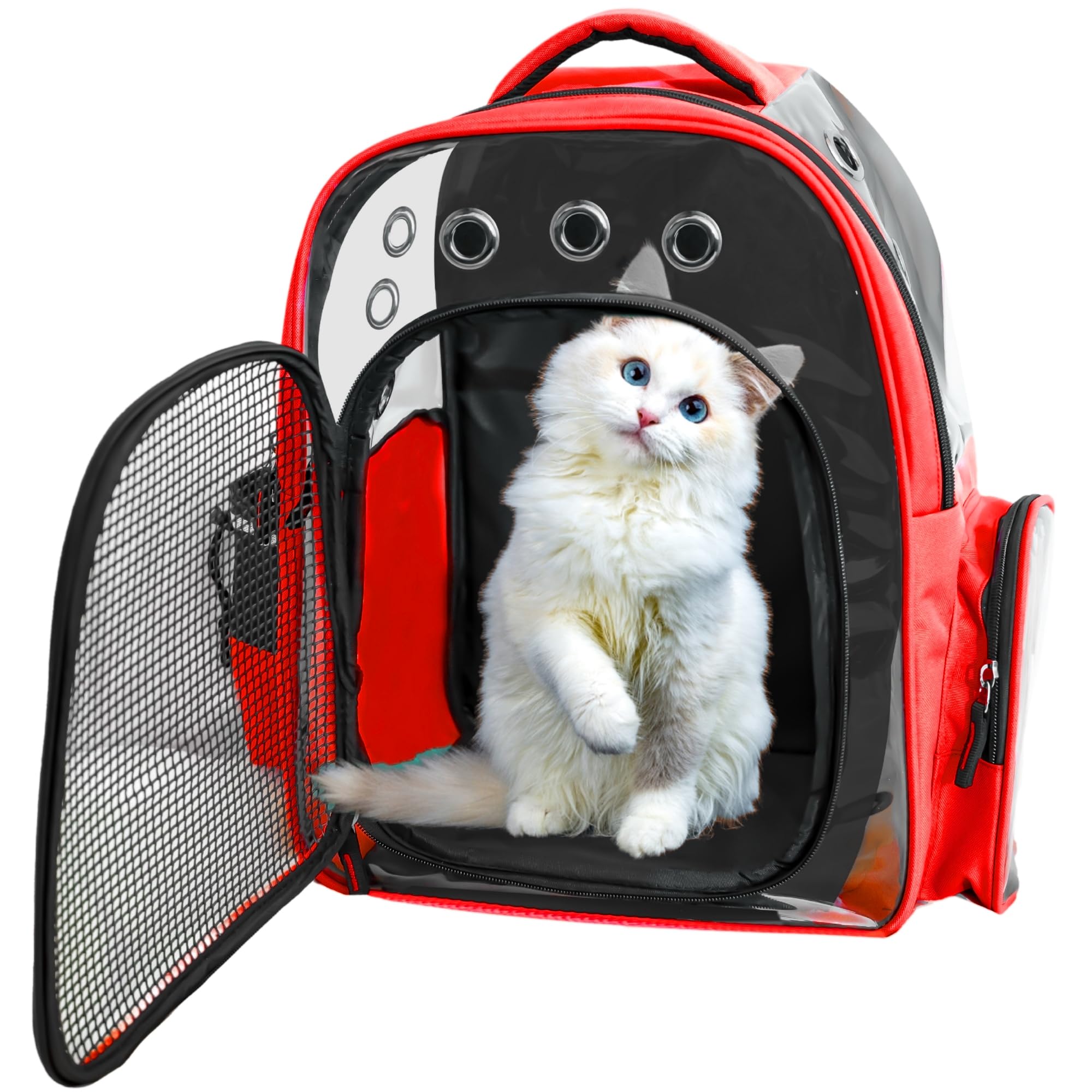 Buraq Breathable Design Pet Carrier Backpack for Hot Weather Travel, Hiking, Ventilated, Touring, Airline-Approved, Sturdy Base cat Bag for Cats Kitten Puppy (Red, Transpicuous See-Through)-image-12