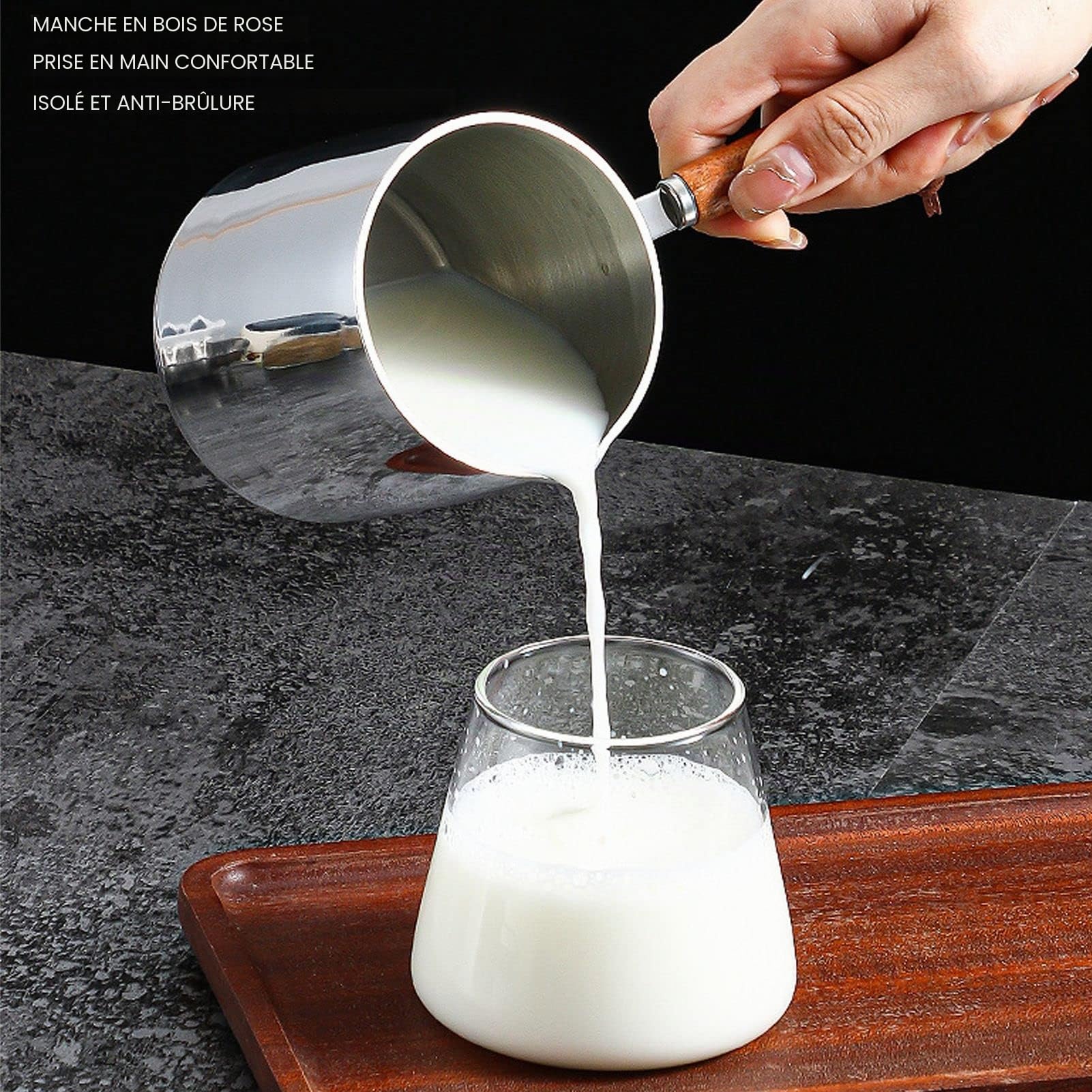 Casserole à Lait avec Bec Verseur, Chauffe-Beurre en Acier Inoxydable 450 ml, Mini Pot à Lait pour Café au Beurre, Compatible Induction, Gaz, Électrique, Poignée en Bois
