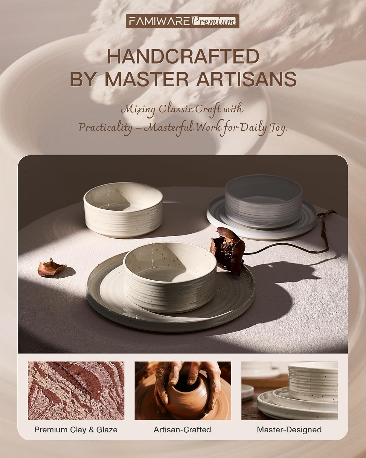 12-Piece Stoneware Dinnerware Set – High Edge Plates and Bowls with Reactive Glaze, Speckles & Spirals, Scratch Resistant Dishes, Dishwasher Safe, Modern Rustic, Service for 4, White