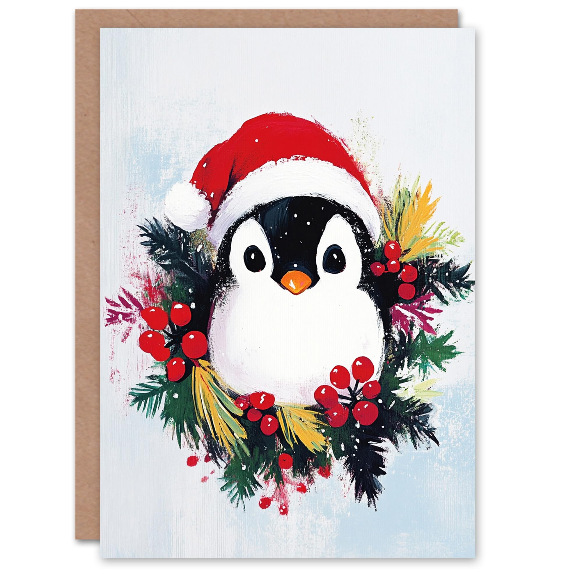 Artery8 Greeting Card - Baby Penguin With Santa Hat in Holly Wreath - Red