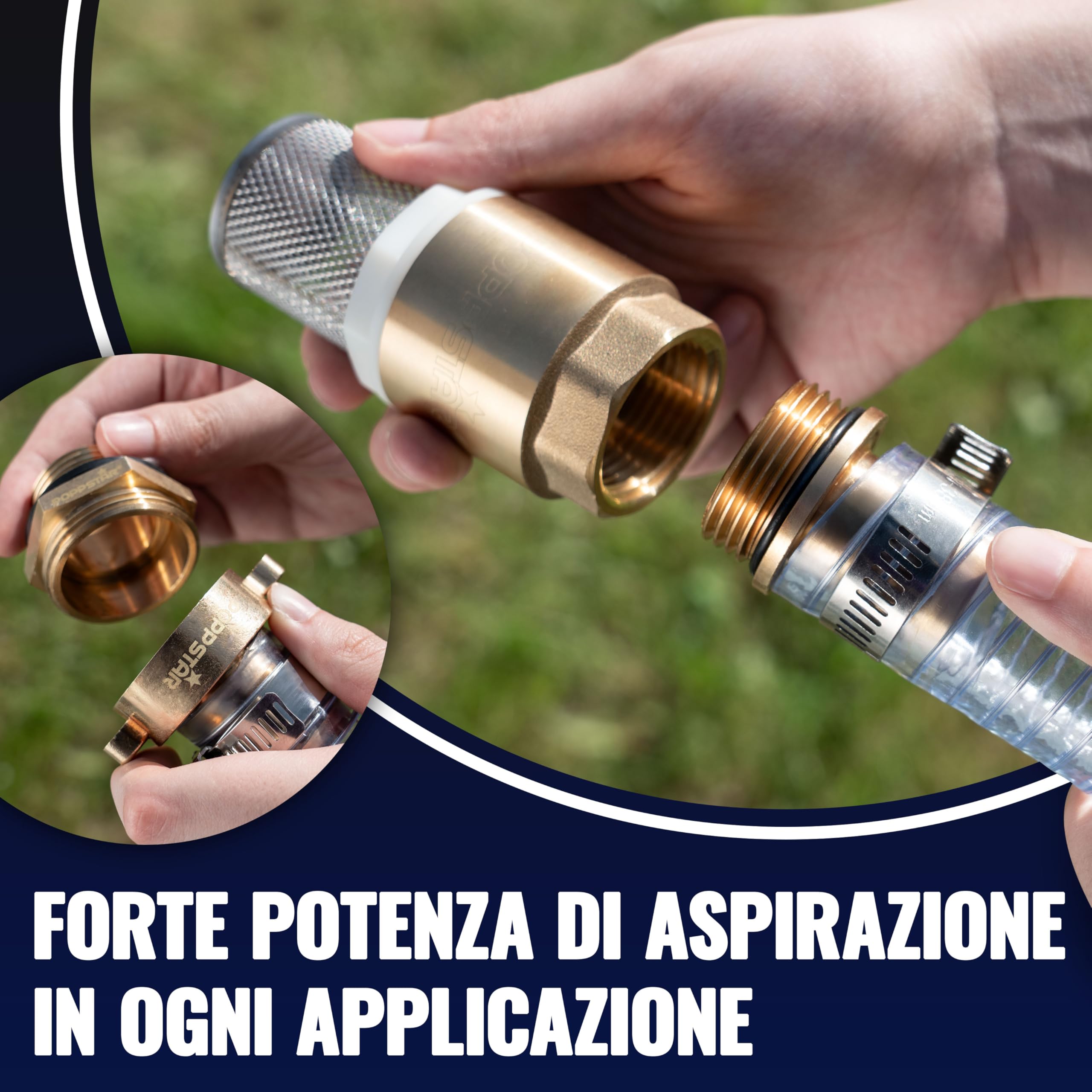 Tubo di aspirazione 1" 7m, diam. int./est. 25mm/33mm, spess. parete 4mm, incl. cestello aspirazione inox valvola ritegno, dado raccordo diam. int. 1 1/4" (41,9mm), riduttore diam. est. 1" (33,3mm)