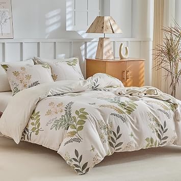 Lekesky Reversible Duvet Cover Queen Size, Green Leaf Pattern, 3-Piece