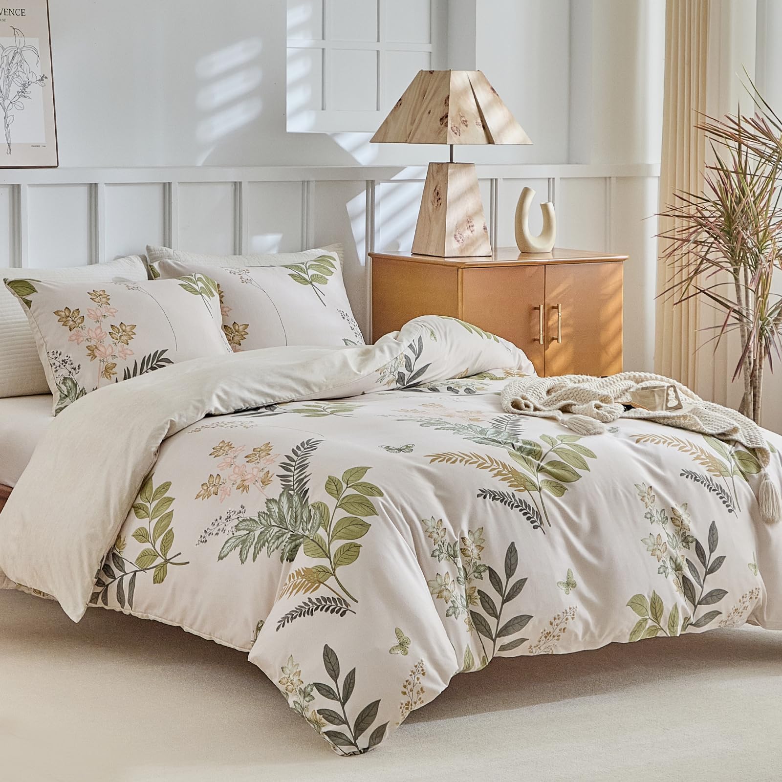 Tokokimo Set Copripiumino King Size Bianco Set di Biancheria da Letto, Rami Botanici Stampati 4PCS Set di Biancheria da Letto King Size Bianco (1x Copripiumino, 2x Federe, 1x Lenzuolo con Angoli) Set