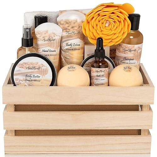 Juegos de regalo de spa de baño  Cesta de lujo con miel y almendra  Kit de spa incluye lavado, baño de burbujas, loción, sales de baño, exfoliante