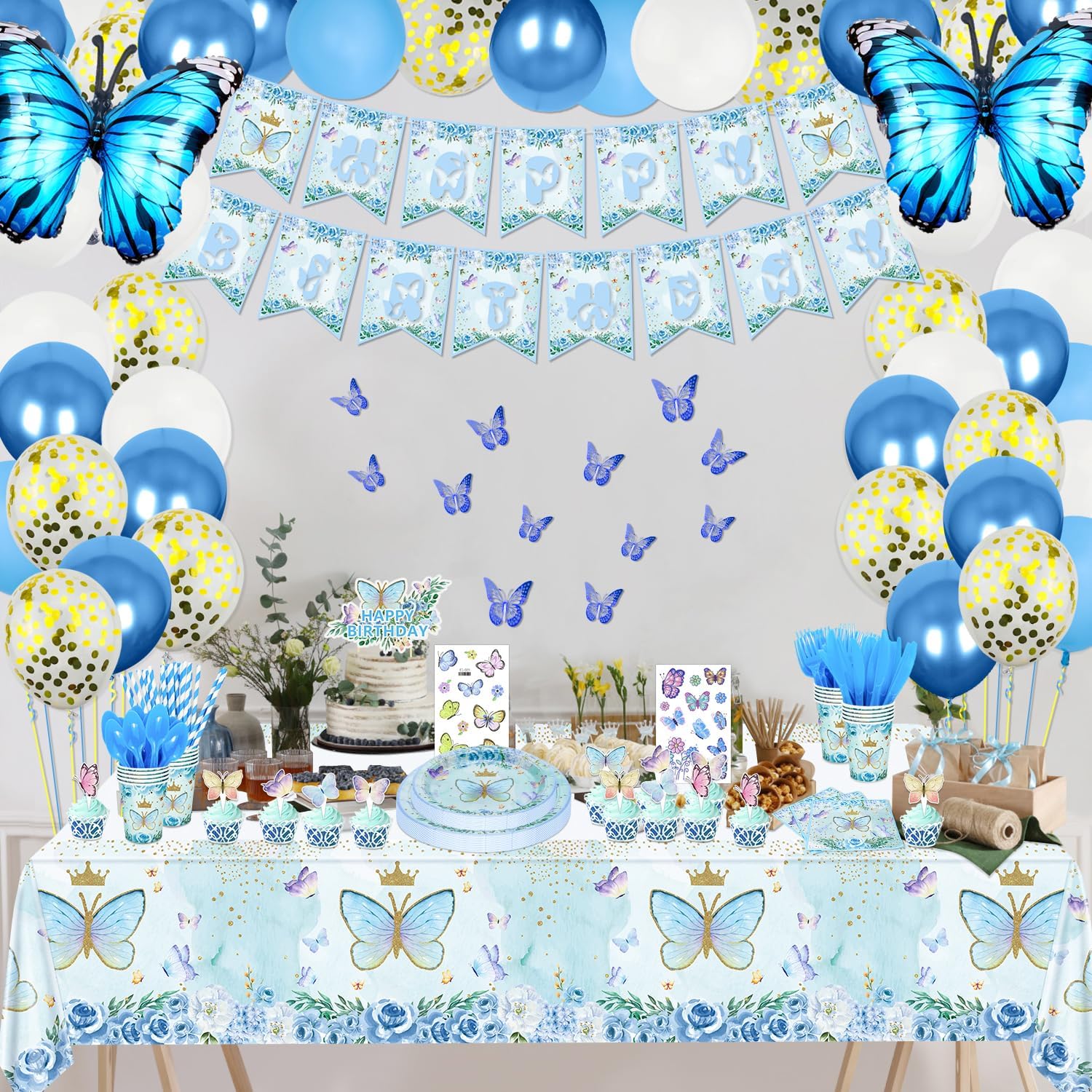 247 PCS Butterfly Party Decorations - Blue Butterfly Balloons, Banner, Cake Topper, Fairy Wing, Tattoo, Stickers, Plates, Napkins, Cups and Tablecloth for Girl Birthday Supplies, Serve 20 Guests