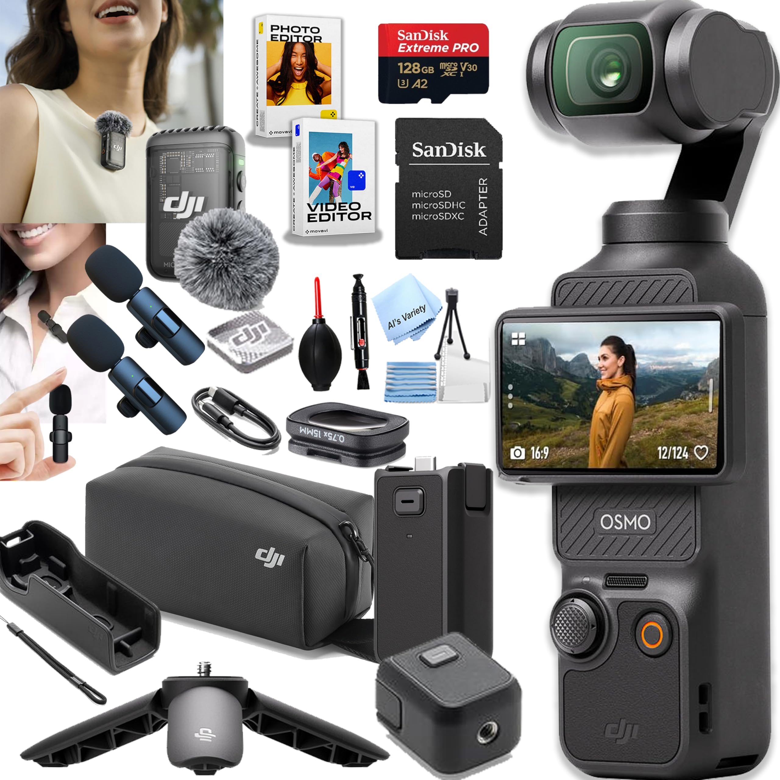 DJI Osmo Pocket 3 Creator Combo, Vlogging Cameras, 4K/120fps Vlog Camera, 3-Axis Stabilization, Face/Object Tracking, Mic Included + 128GB Memory, 2pc Mic, Software + More (Podcast Vlogging Bundle)