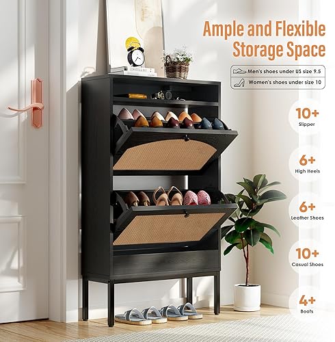 Miniatura 3 de Gabinete de almacenamiento estrecho de zapatos con 2 cajones abatibles, estante delgado para almacenamiento de zapatos con estación de carga para