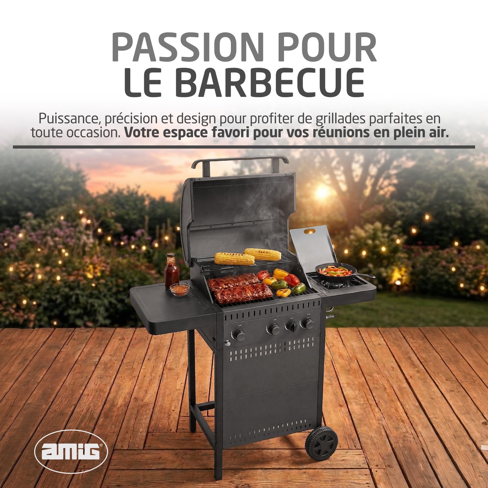 Amig - Barbecue à gaz IGNIS 3+1 (3 brûleurs + 1 latéral) - 117 x 55 x 110 cm - Surface de cuisson 54 x 38 cm - Avec thermomètre, tablettes latérales, roues et grille en fonte - Noir
