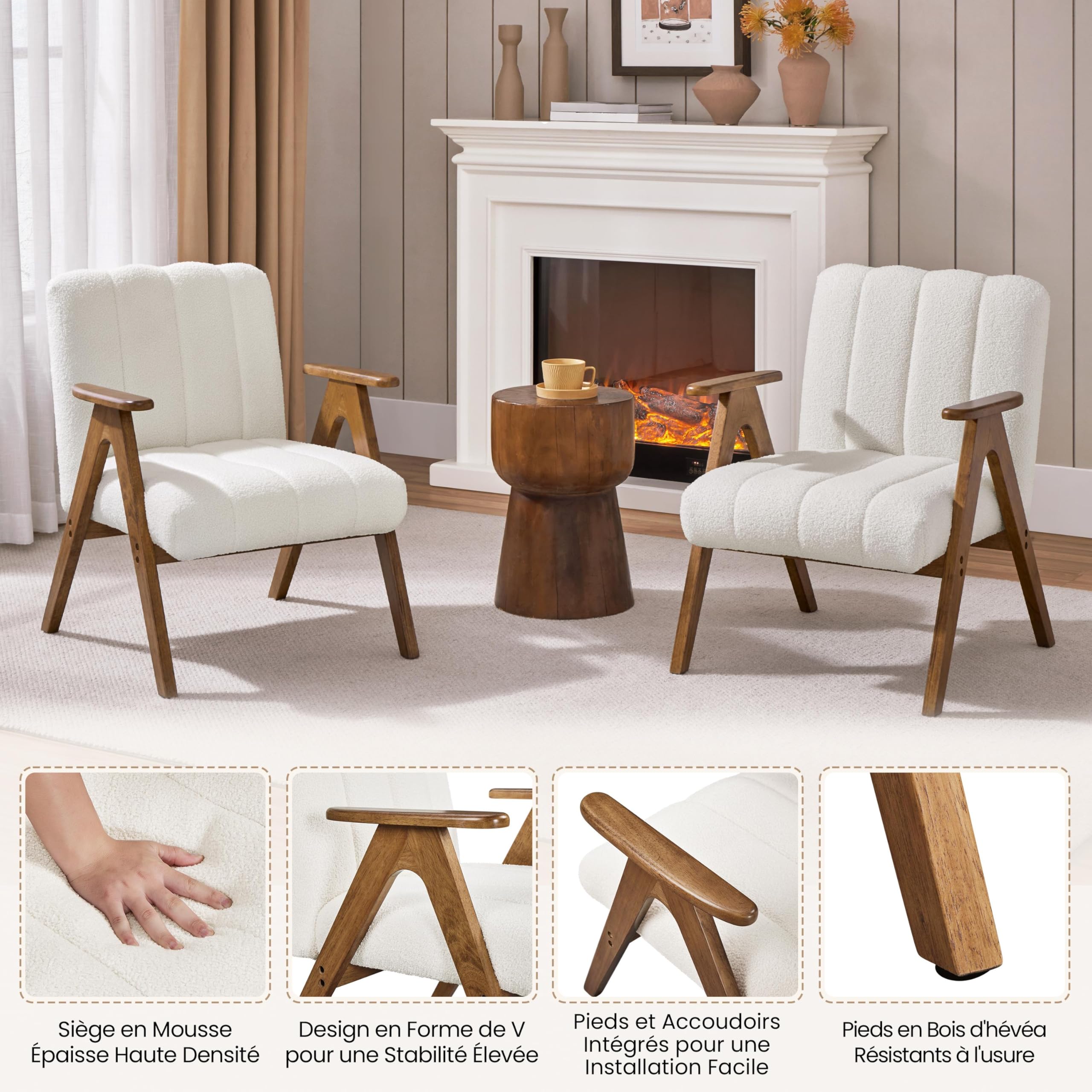 Yaheetech Fauteuil de Salon Scandinave en Tissu Bouclette Fauteuil Lecture avec Accoudoirs Chaise Coiffeuse Pieds en Bois Massif Assise Large Dossier Ergonomique pour Salon Chambre Bureau Blanc