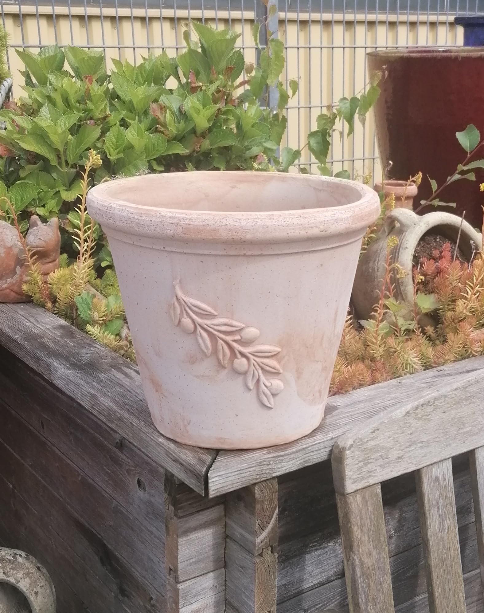 NEU !! Italienischer Blumentopf mit Olivenzweig echt Terrakotta Durchmesser ca. 30 cm, Blumenkübel für Garten und Wohnung Terracotta, kein Kunststoff, Pflanzgefäß Garten Sommer Terrasse Balkon Deko