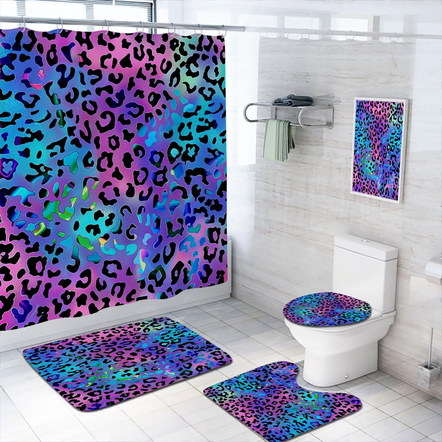 Black Gray Leopard Cheetah Bathroom Shower Curtain Set with Rugs,Toilet Lid Cover, Bath Mat, Wildlife Animal Bathroom Shower Curtain with 12 Hooks Accessories Decorative