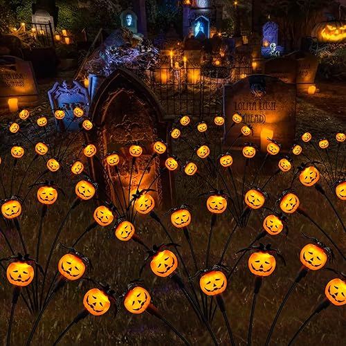 Decoraciones de Halloween al aire libre, paquete de 4 luces solares, 24 luces LED de luciérnaga de calabaza aterradora con araña y murciélagos para