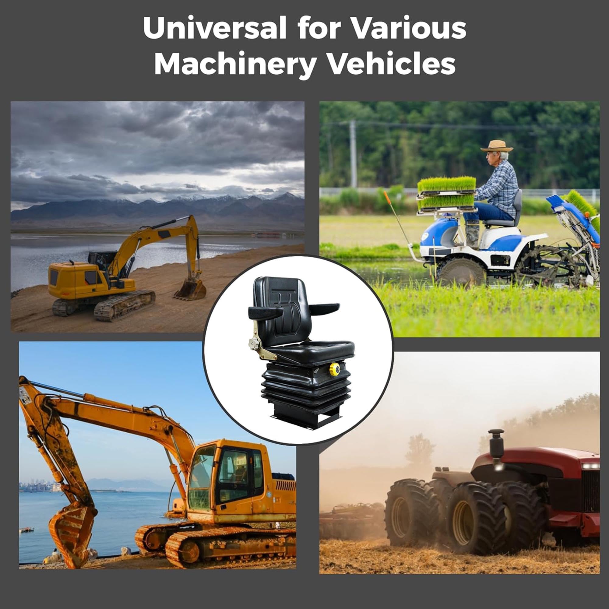 IPSU Asiento Universal para Carretilla Elevadora, Asiento De Tractor con Absorción De Impactos De 3 Niveles, Asiento De Excavadora De Cuero Plegable con Respaldo y Reposabrazos Ajustables