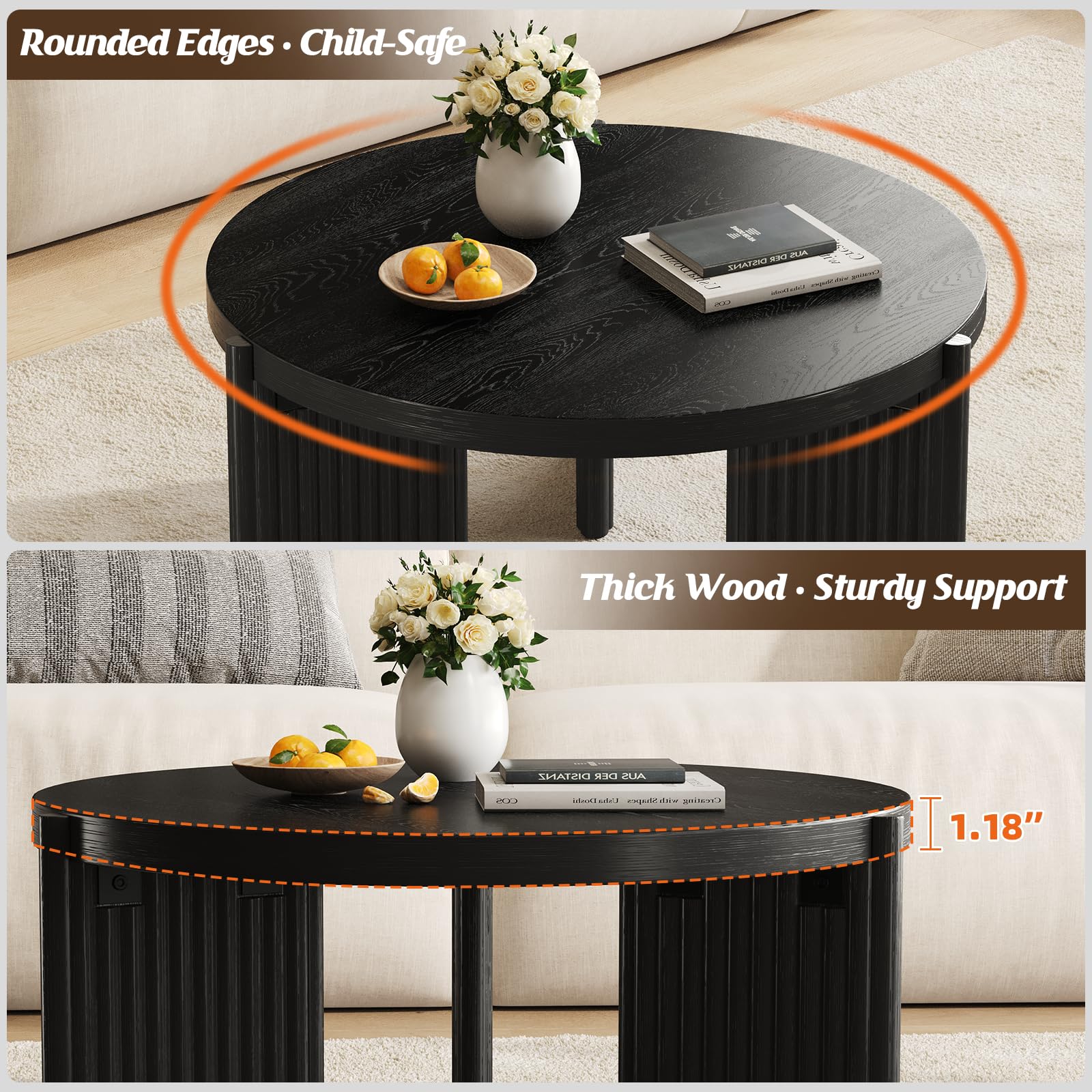 Luoxiao Round Coffee Table, 27.5" Fluted Coffee Tables for Living Room | Small Circle Accent Table for Apartment, Sturdy Ribbed Base, Rounded Edges, Thick Tabletop, Easy Assembly, Modern, Black