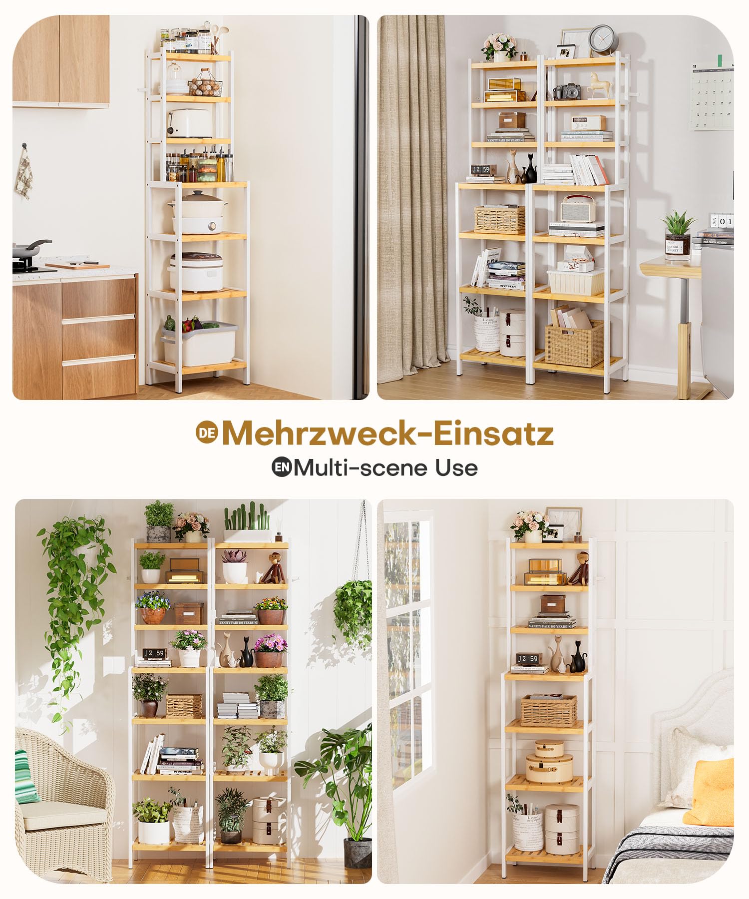 Yorbay 7 Ebenen Bambus Regal: Badregal Standregal Schmal mit Kippsicherung | 110kg Gesamttragkraft Platzsparendes Küchenregal für Schmalen Raum - Stabiles Bambusregal Weiß für Flur Balkon-Pflanzenregal
