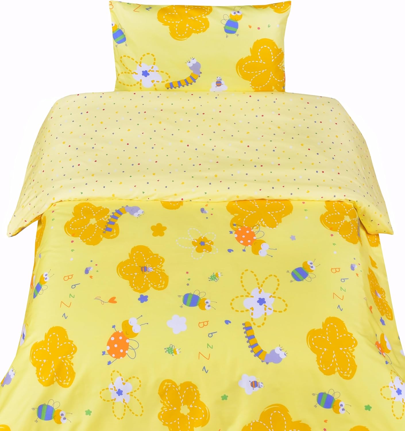 J-pinno Yellow Bee Flower Caterpillar Boys Girls Cartoon Duvet Cover + Pillowcase Set, Zipper Closure, 100% Cotton, for Kids Crib Toddler Bedding Decoration Gift (Yellow, Crib 47" X 59")