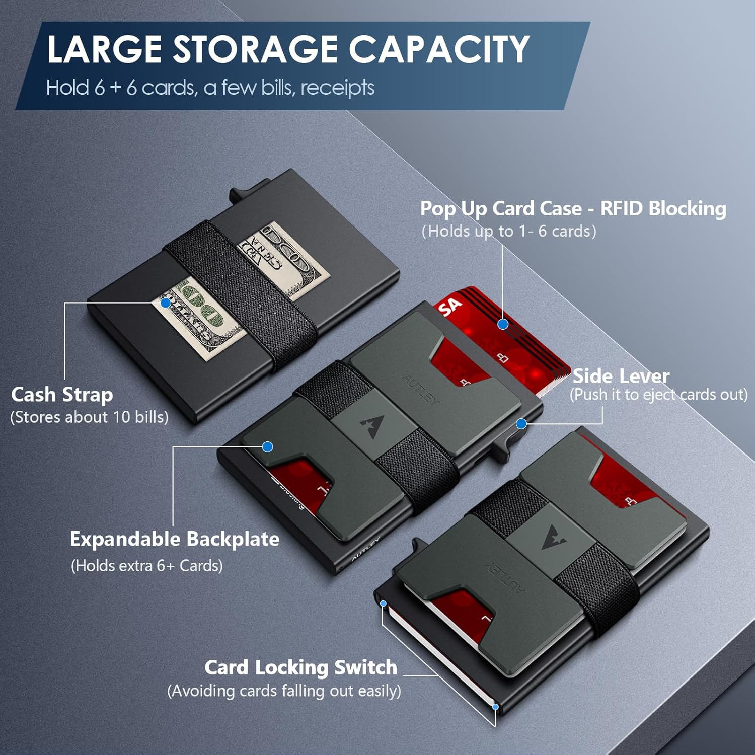 AUTLEY Slim Card Holder, Minimalist Pop Up Wallet for Men, RFID Blocking Mens Wallet with Cash Band (Black) - imagen 3