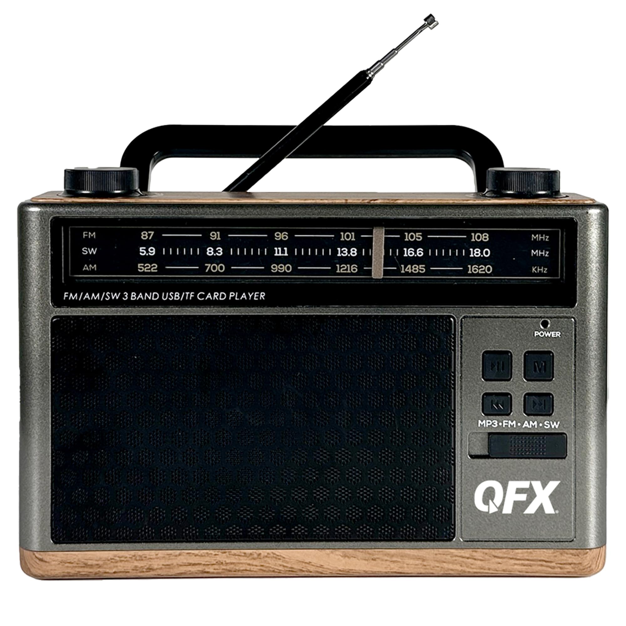 Zadní view of QFX RETRO-1937 radio showing battery compartment and antenna base