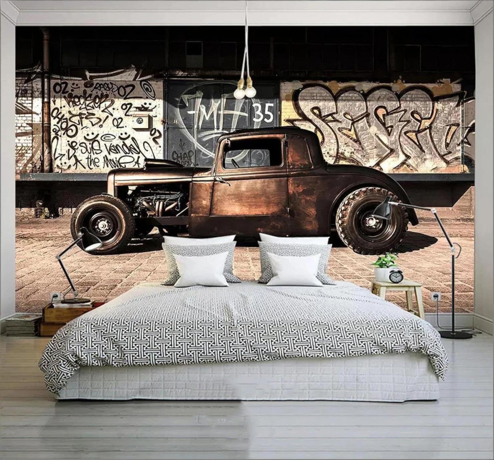 XLMING Retro Graffiti Vintage Cars Restaurant Café 3D Wallpaper Luxury Silk Study Dining Feature Sofa Grey Bedroom Living Room Tv Decorative Wall-400cm×280cm